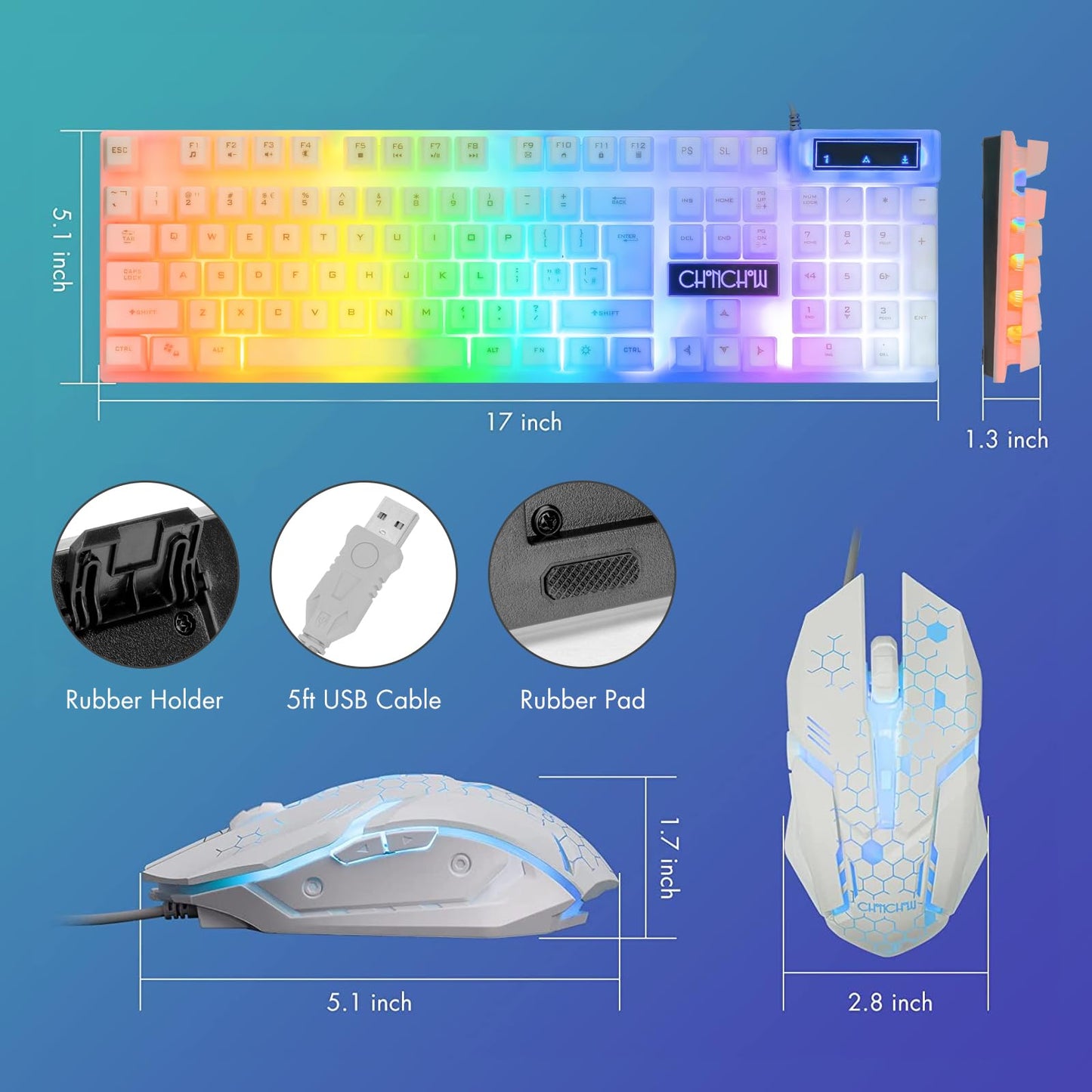 CHONCHOW LED Keyboard and Mouse, 104 Keys Rainbow Backlit Keyboard and 7 Color RGB Mouse, White Gaming Keyboard and Mouse Combo for PC Laptop Xbox PS4 Gamers and Work