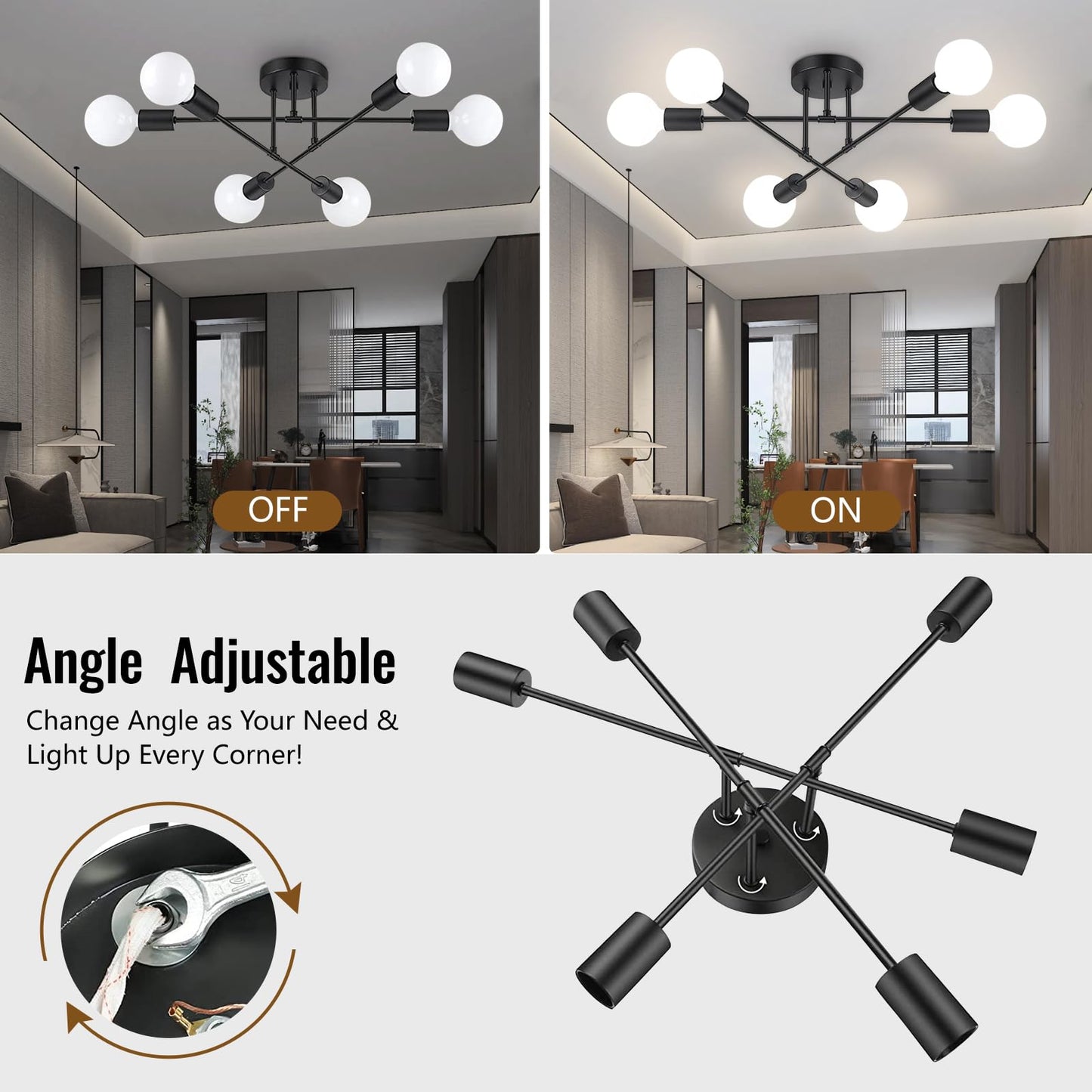 Ceiling Light Fixture, 6-Light Ceiling Light, Modern Dinning Room Light Fixture, Sputnik Light Fixtures Ceiling Mount, Ceiling Light Fixtures Semi Flush Mount Light Fixture for Bedroom, Living Room