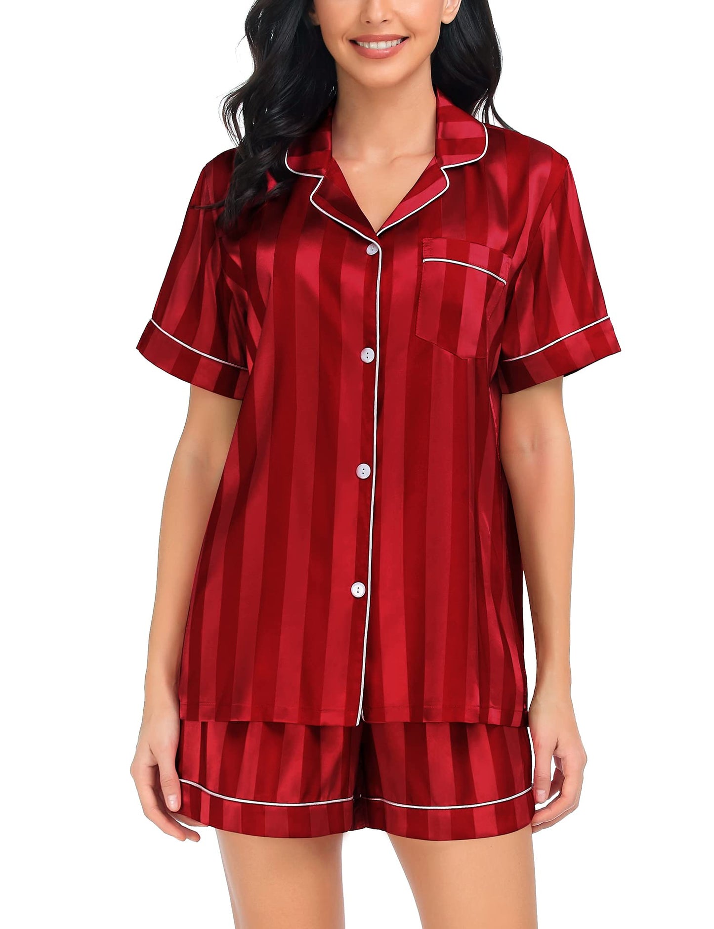 SWOMOG Satin Matching Pajamas Sets Couple Silk Button Down Nightwear Short Sleeve Sleepwear 2 Pieces Loungewear with Shorts