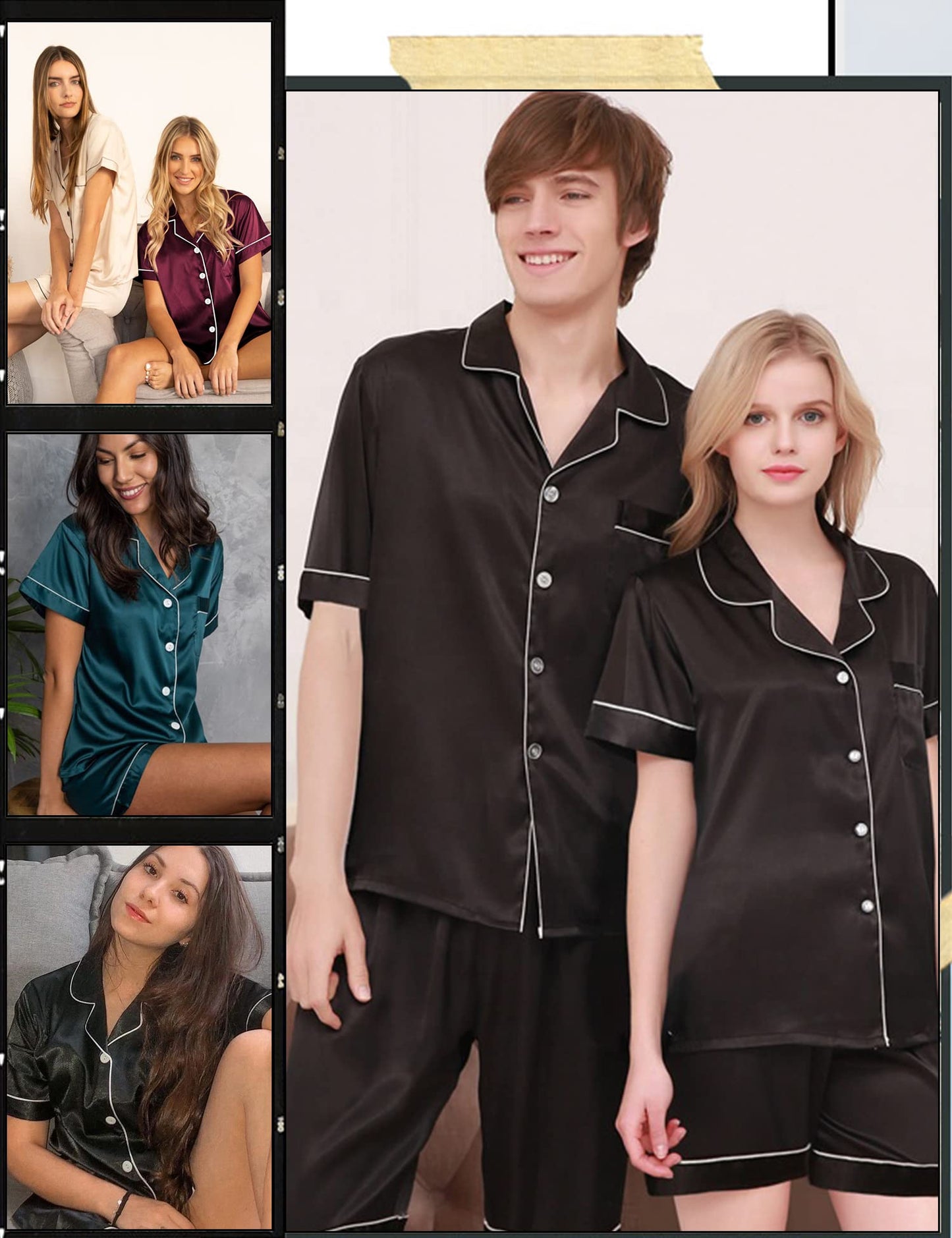 SWOMOG Satin Matching Pajamas Sets Couple Silk Button Down Nightwear Short Sleeve Sleepwear 2 Pieces Loungewear with Shorts