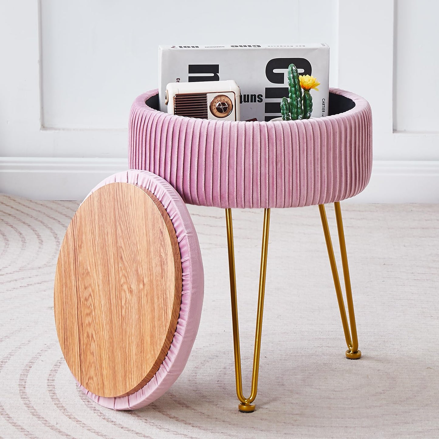 Cpintltr Velvet Foot Rest Stool Multipurpose Dressing Stools Upholstered Round Storage Ottoman Modern Soft Vanity Chair with Memory Foam Seat Pink