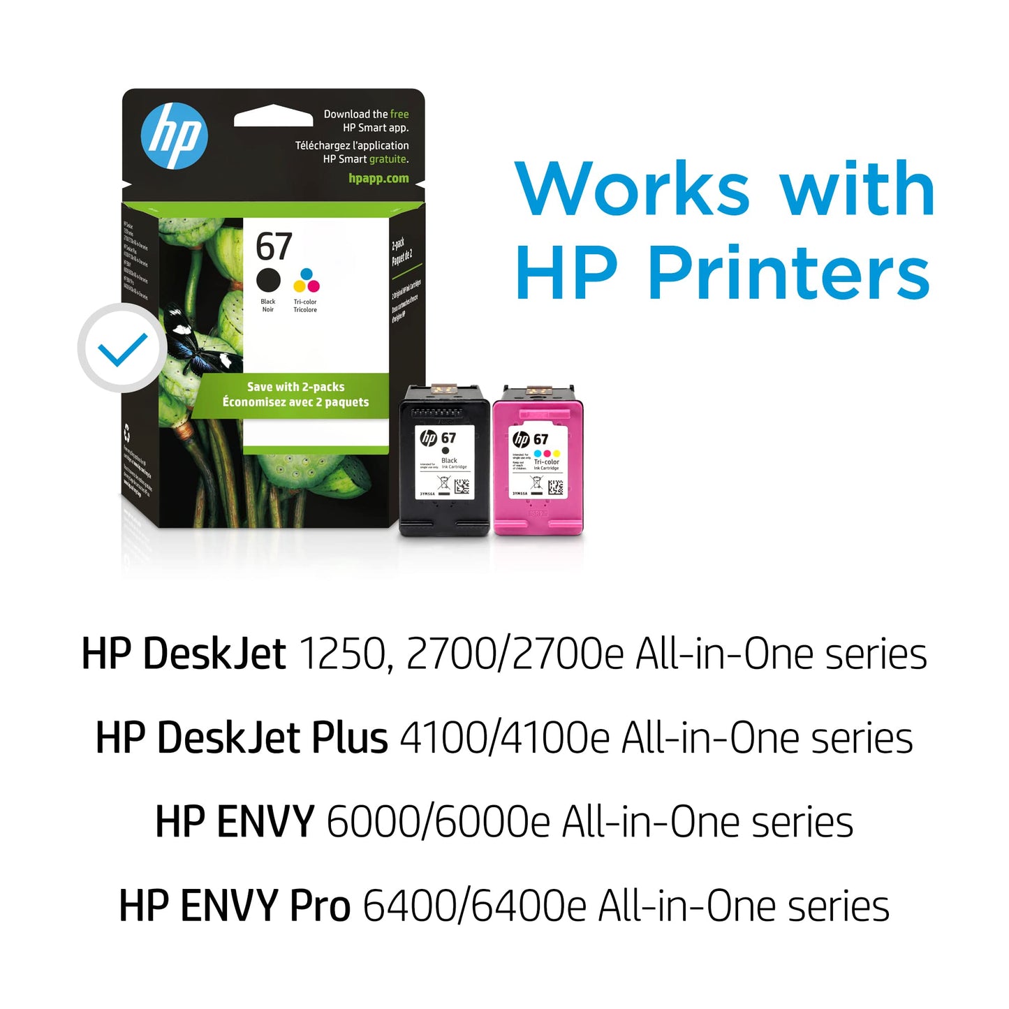 HP 67 Black/Tri-color Ink Cartridges (2 Pack) | Works with HP DeskJet 1255, 2700, 4100 Series, HP ENVY 6000, 6400 Series | Eligible for Instant Ink | 3YP29AN