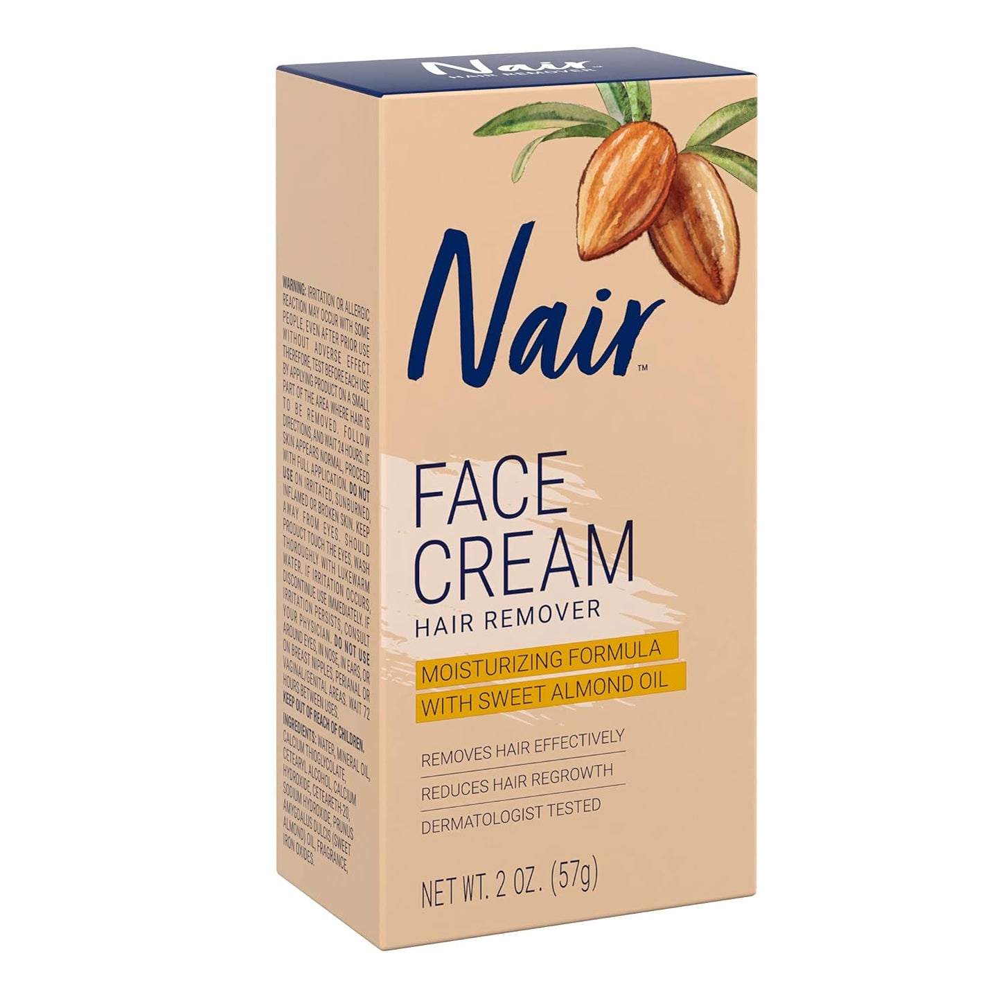 Nair Hair Remover Moisturizing Face Cream, with Sweet Almond Oil, 2OZ