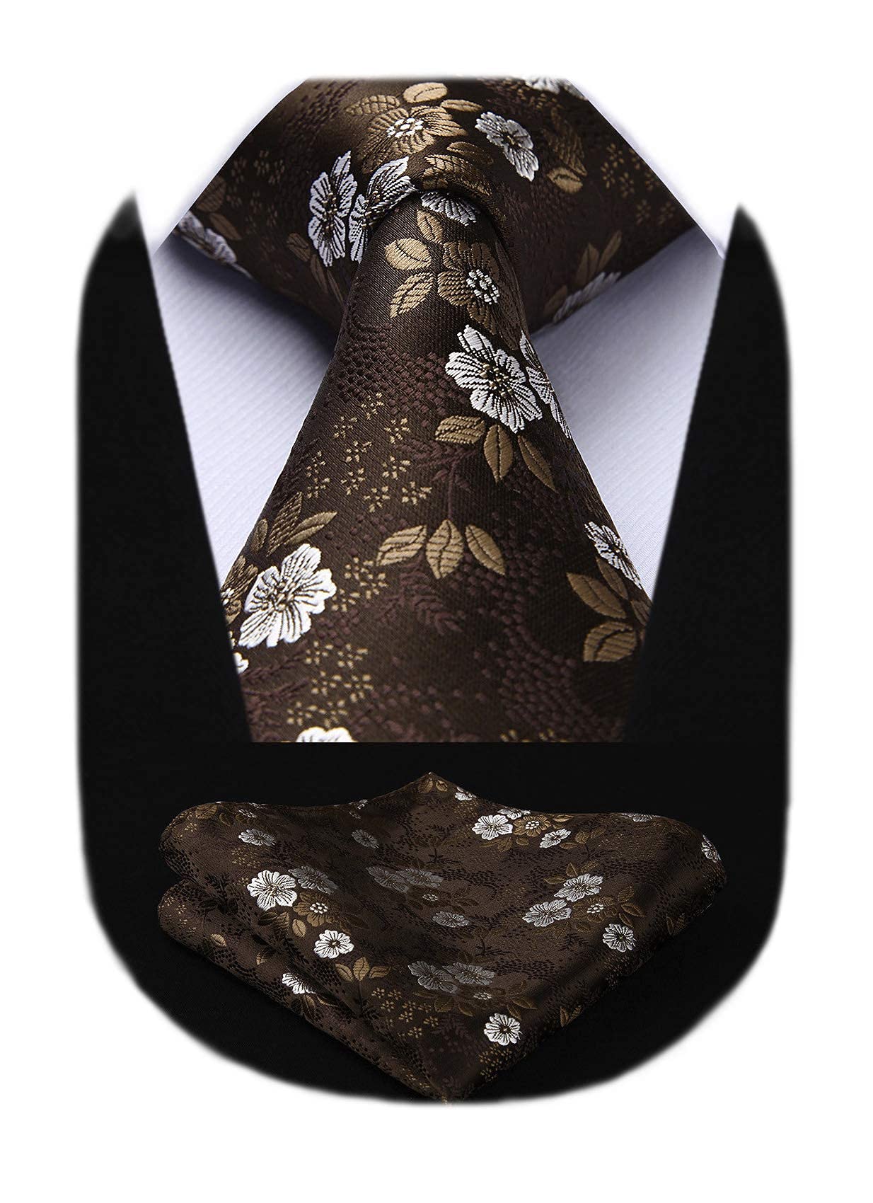 HISDERN Men Floral Ties Woven Classic 3.4" Necktie Set Formal tie Pocket Square for Wedding with Handkerchief Gift Box