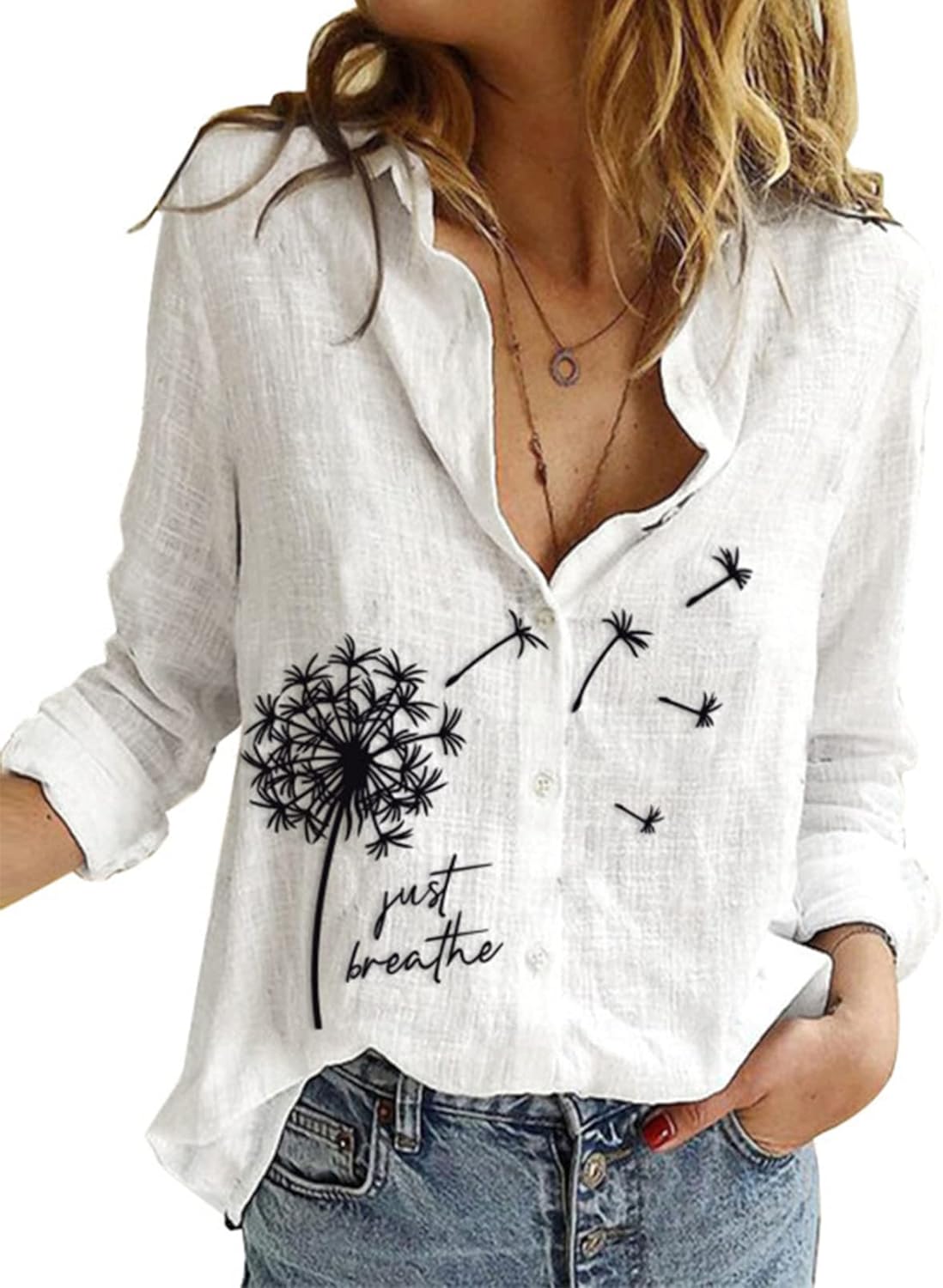 Astylish Womens V Neck Roll up Sleeve Button Down Blouses Tops