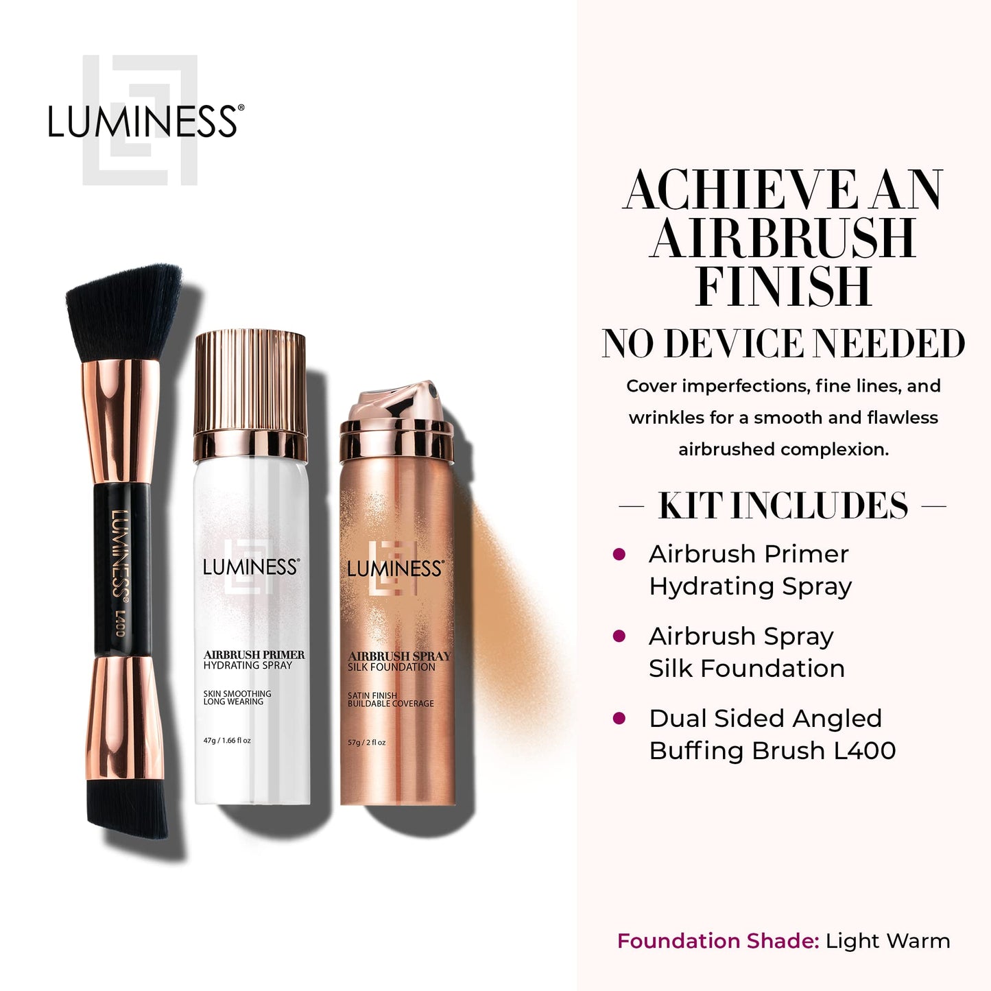 LUMINESS Airbrush Spray Silk Foundation Starter Kit - Medium Dark - Foundation, Primer & Dual-Sided Angled Buffing Brush - Medium, Buildable Coverage, Anti-Aging Formula Hydrates & Moisturizes