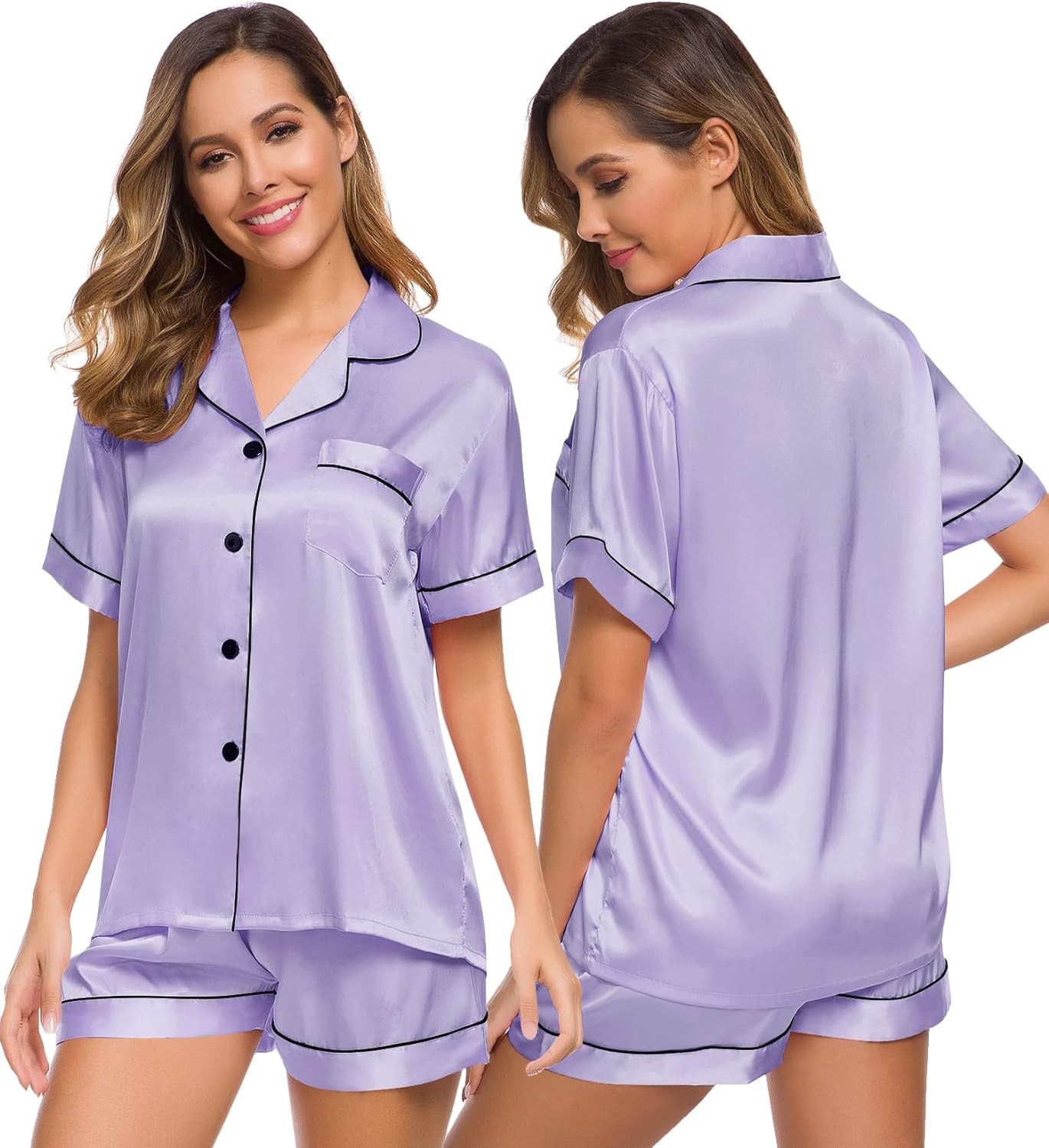 SWOMOG Womens Silk Satin Pajamas Set Two-piece Pj Sets Sleepwear Loungewear Button-Down Pj Sets