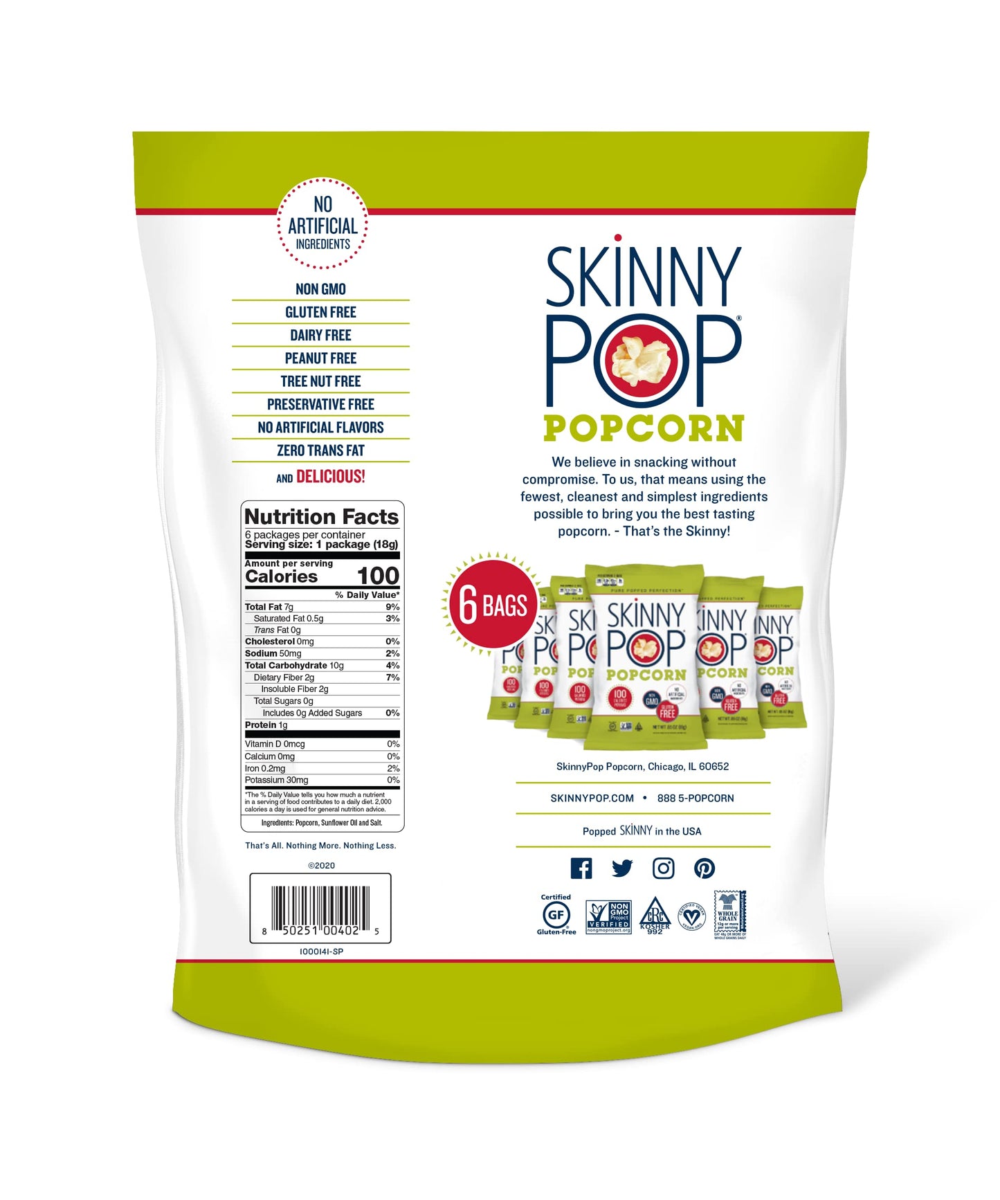 SkinnyPop Popcorn, Gluten Free, Dairy Free, Non-GMO, Healthy Snacks, Skinny Pop Original Popcorn Snack Packs, 0.65oz Individual Size Snack Bags (6 Count) (Packaging May Vary)