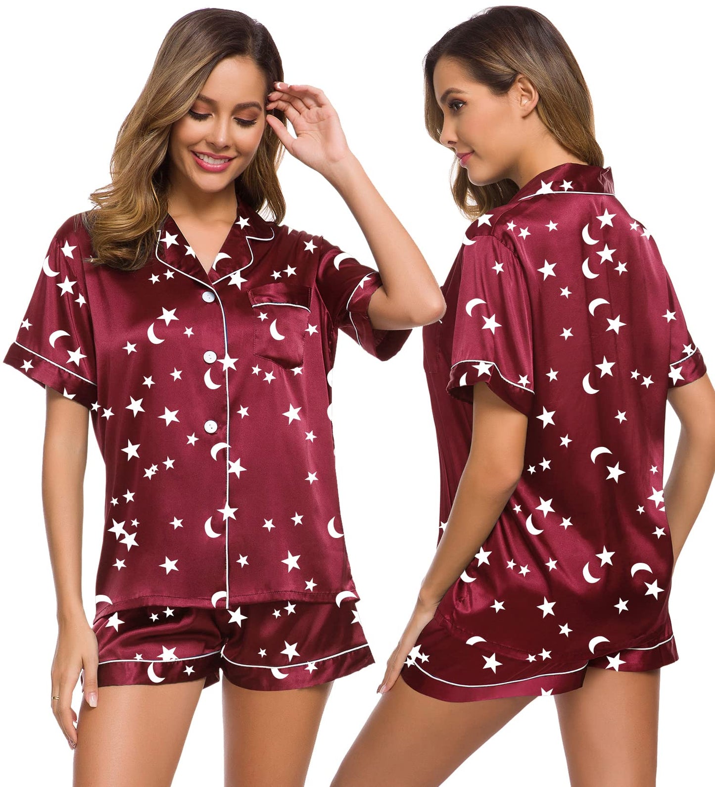 SWOMOG Womens Silk Satin Pajamas Set Two-piece Pj Sets Sleepwear Loungewear Button-Down Pj Sets