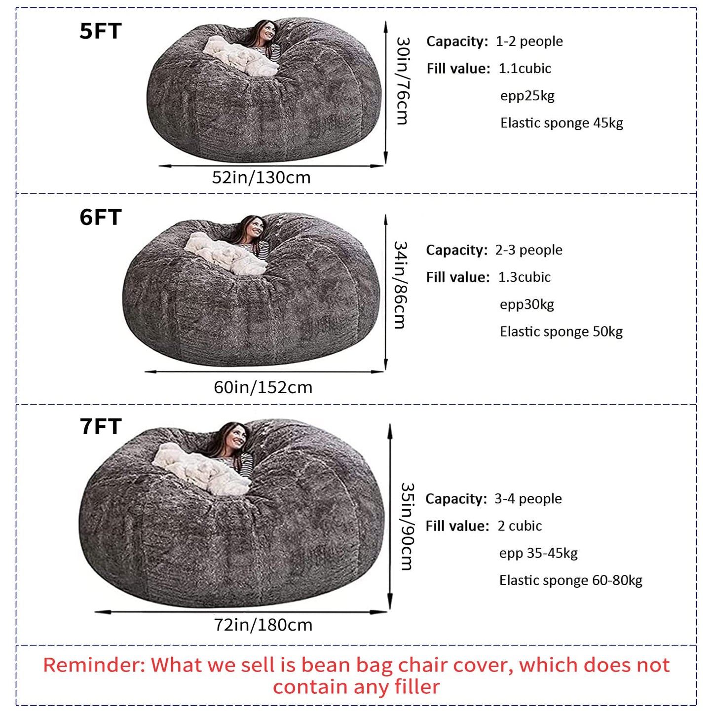 Big Huge Giant Bean Bag Chair for Adults, (No Filler) Bean Bag Chairs in Multiple Sizes and Colors Giant Foam-Filled Furniture - Machine Washable Covers, Double Stitched Seams (Black,6FT)