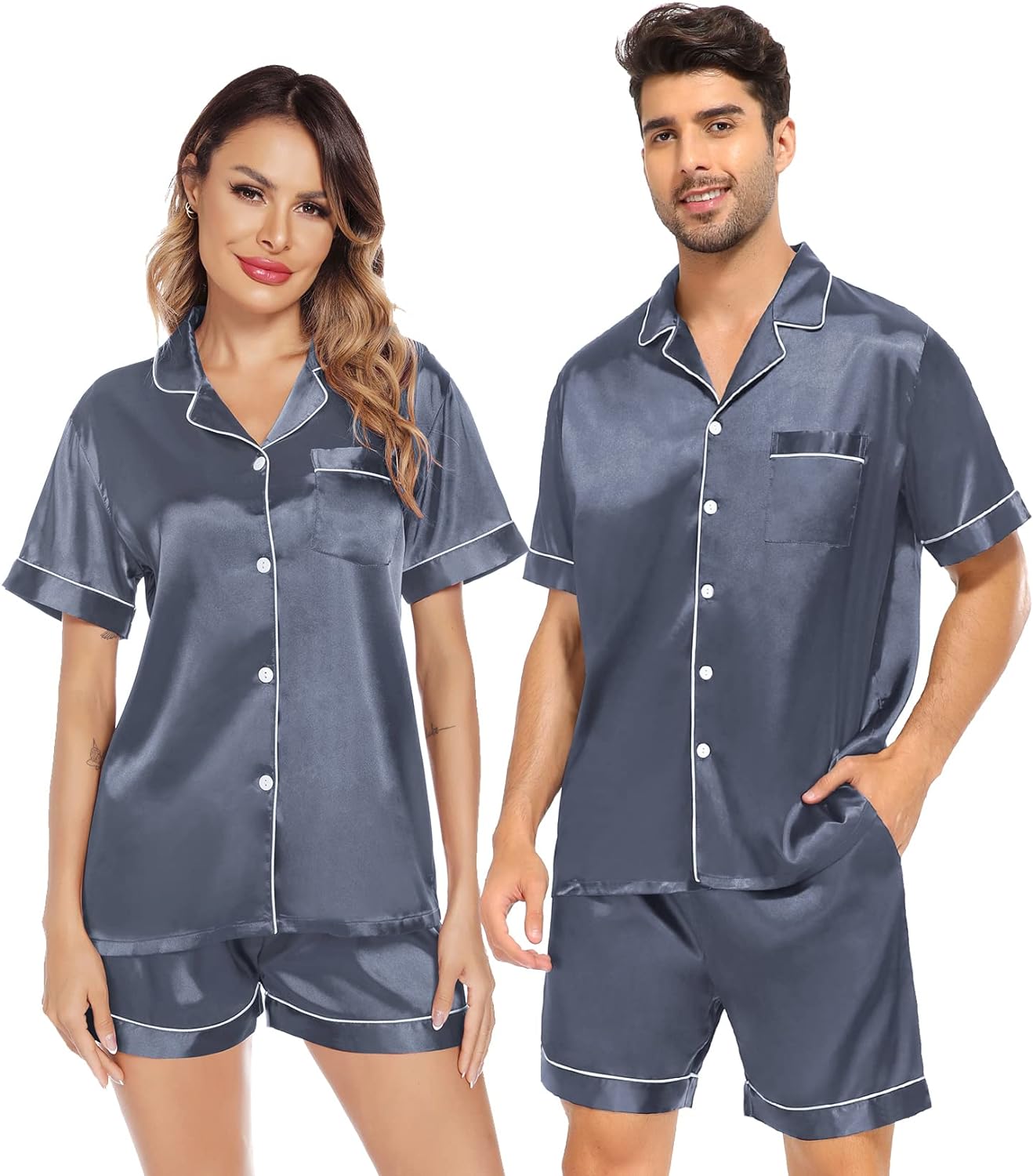 SWOMOG Satin Matching Pajamas Sets Couple Silk Button Down Nightwear Short Sleeve Sleepwear 2 Pieces Loungewear with Shorts