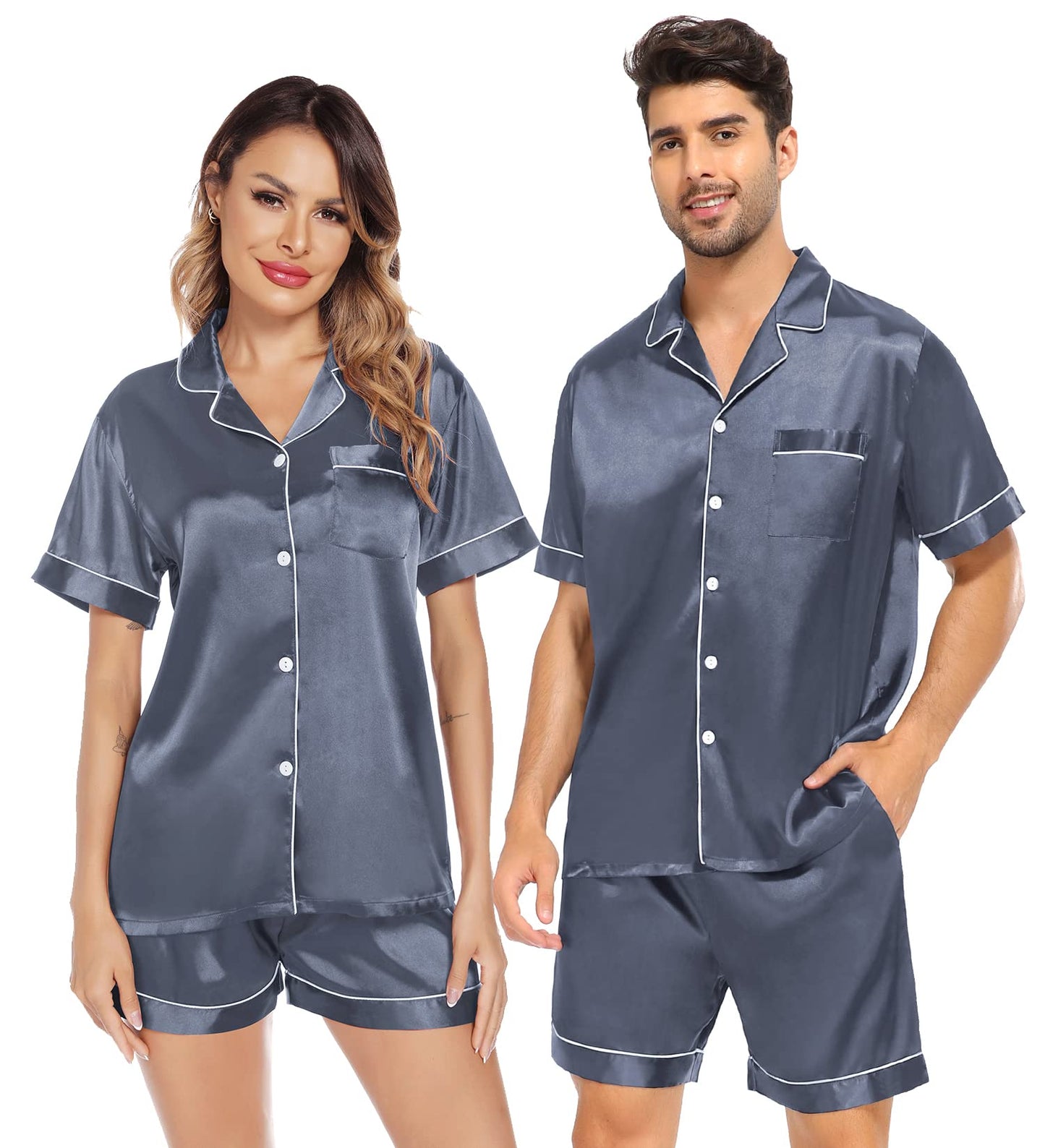 SWOMOG Satin Matching Pajamas Sets Couple Silk Button Down Nightwear Short Sleeve Sleepwear 2 Pieces Loungewear with Shorts