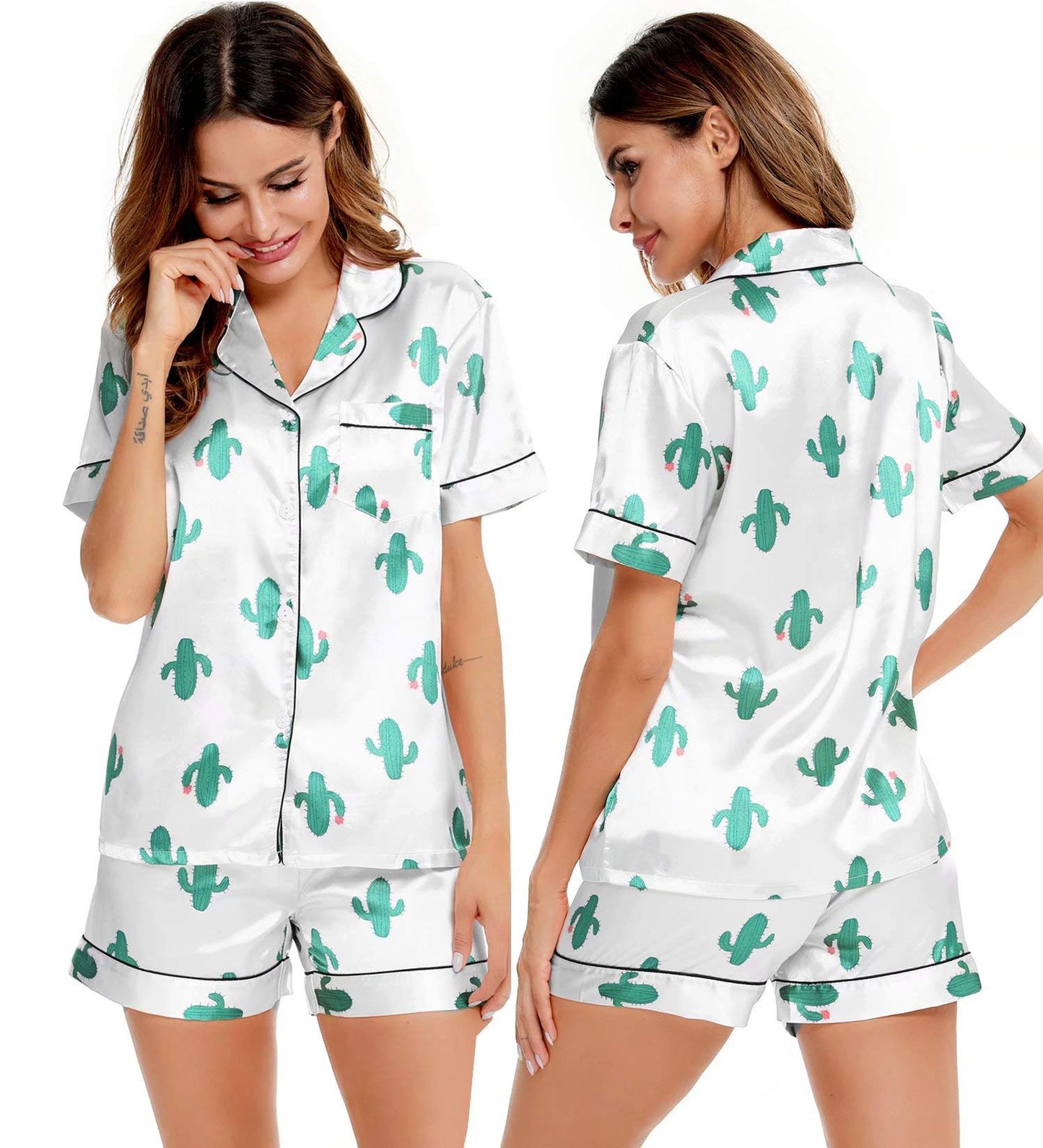 SWOMOG Womens Silk Satin Pajamas Set Two-piece Pj Sets Sleepwear Loungewear Button-Down Pj Sets