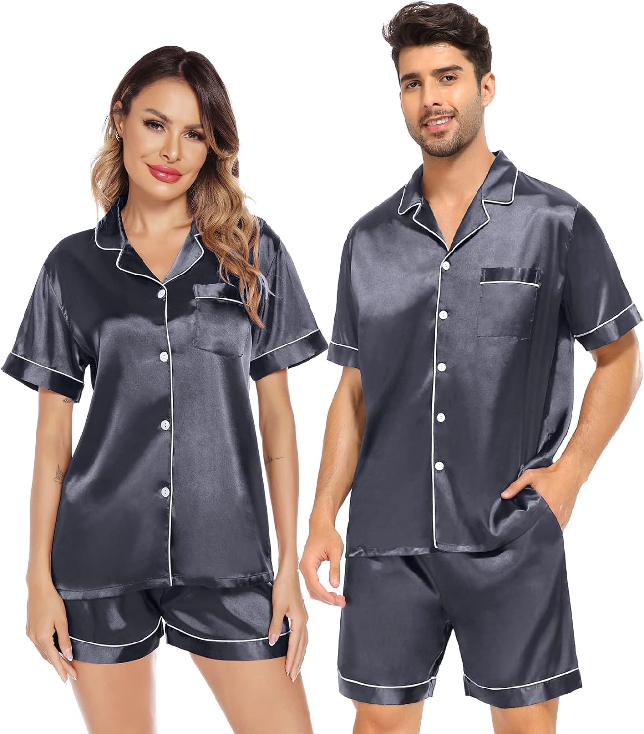 SWOMOG Satin Matching Pajamas Sets Couple Silk Button Down Nightwear Short Sleeve Sleepwear 2 Pieces Loungewear with Shorts