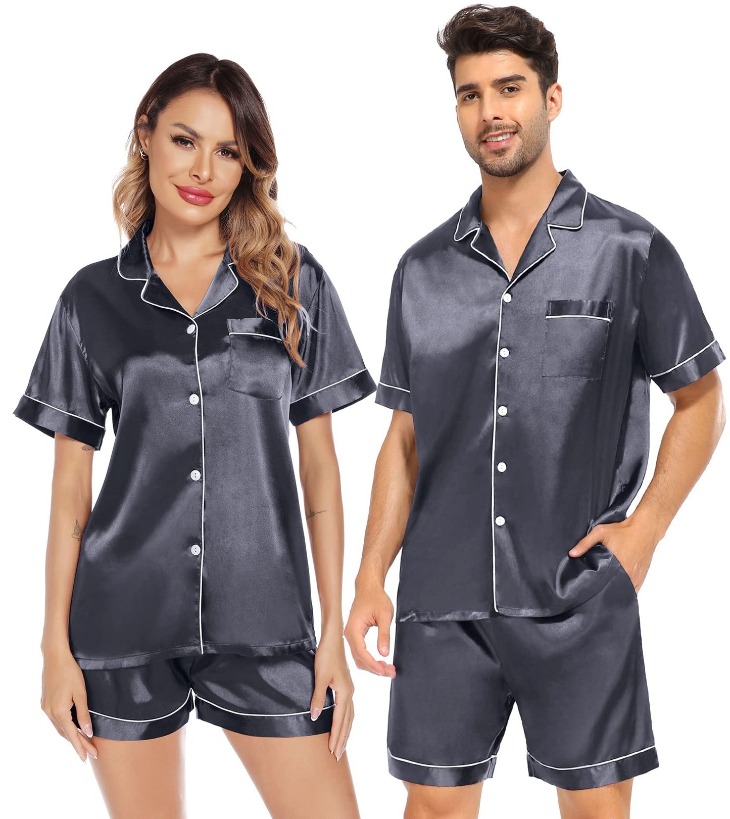 SWOMOG Satin Matching Pajamas Sets Couple Silk Button Down Nightwear Short Sleeve Sleepwear 2 Pieces Loungewear with Shorts