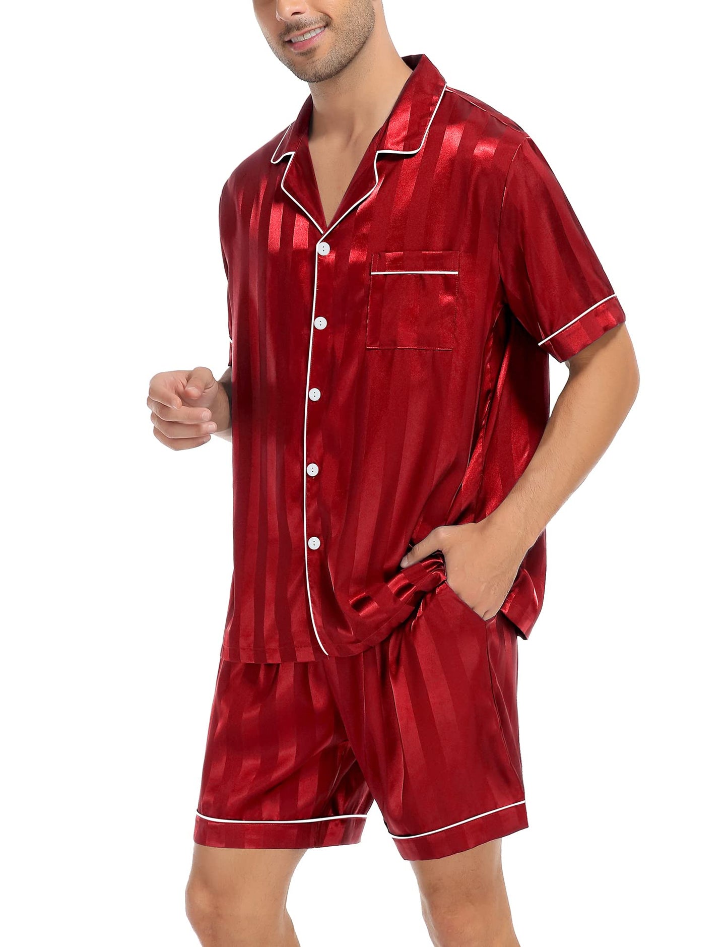 SWOMOG Satin Matching Pajamas Sets Couple Silk Button Down Nightwear Short Sleeve Sleepwear 2 Pieces Loungewear with Shorts