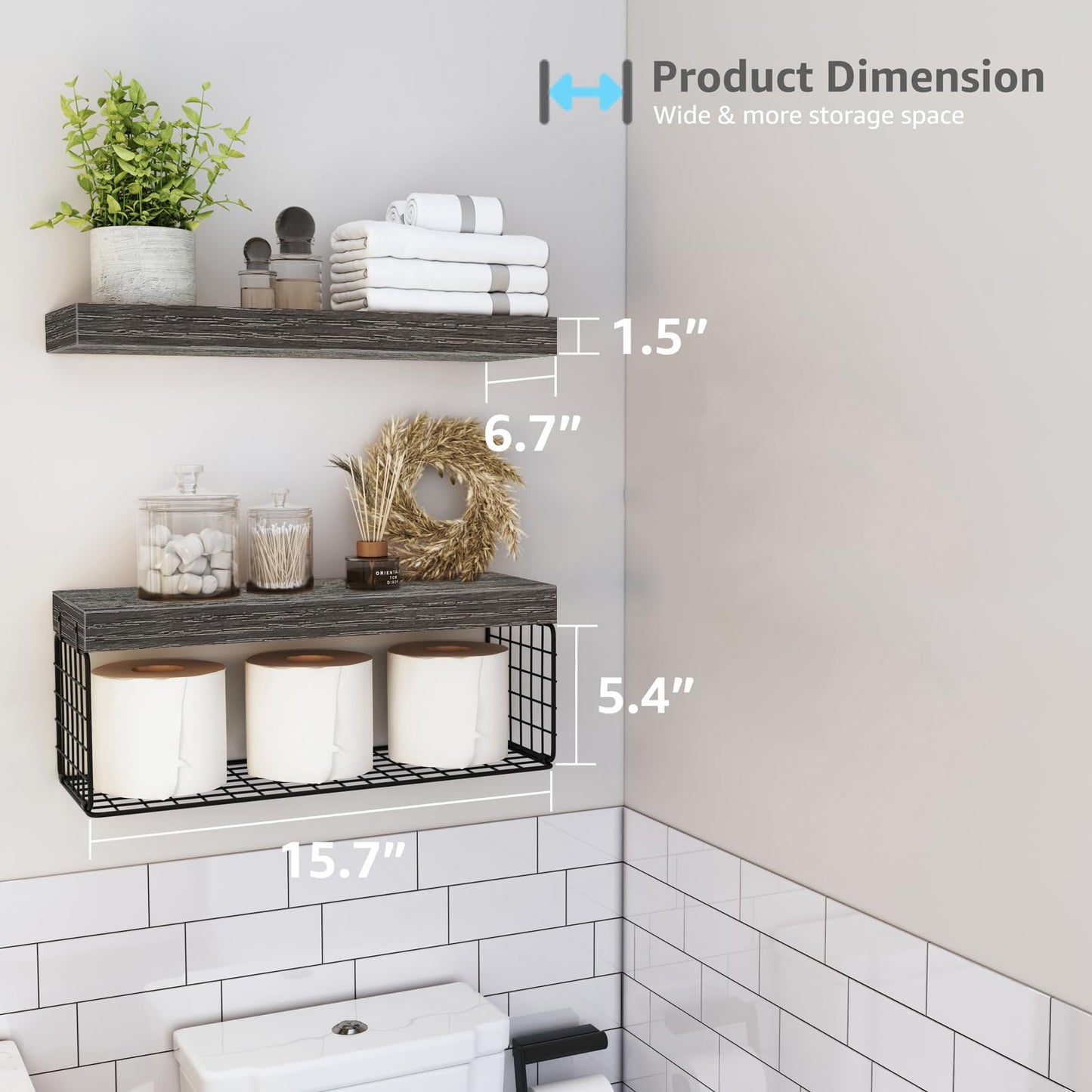 QEEIG Bathroom Shelves Over Toilet Wall Mounted Floating Shelves Farmhouse Shelf Toilet Paper Holder Small 16 inch Set of 3, Rustic Brown (019-BN3)