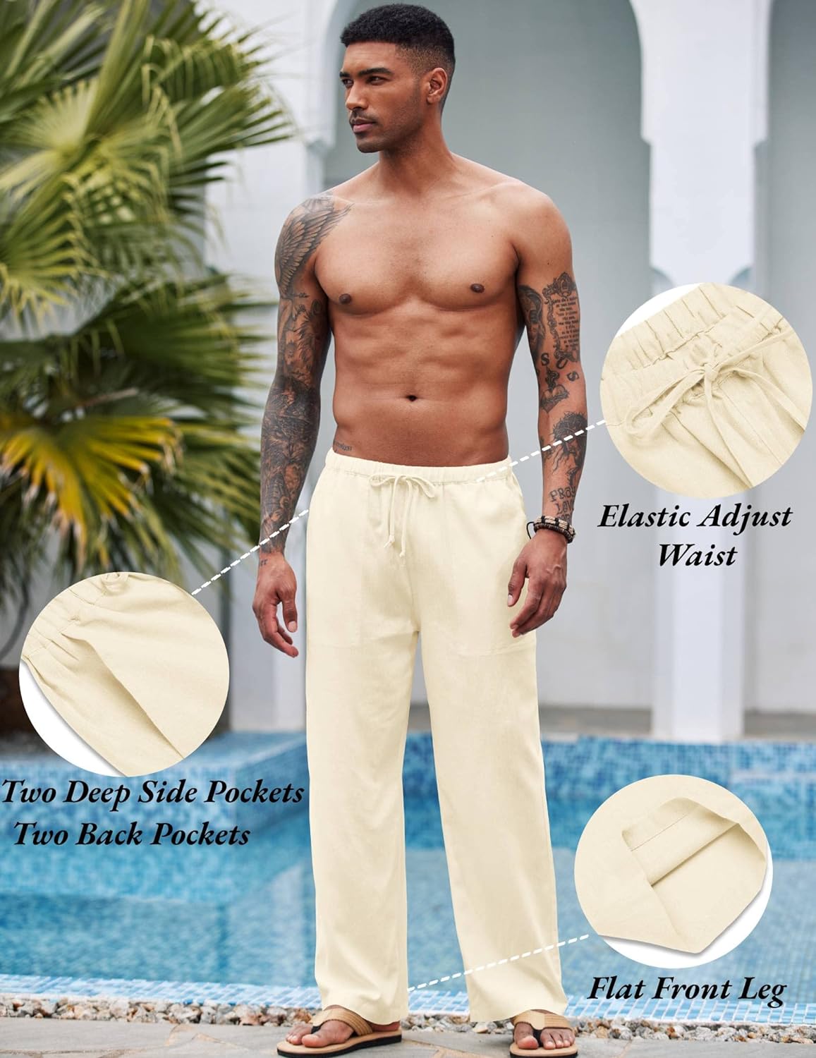 COOFANDY Mens Linen Drawstring Pants Elastic Waist Lightweight Trouser Casual Yoga Summer Beach Pant