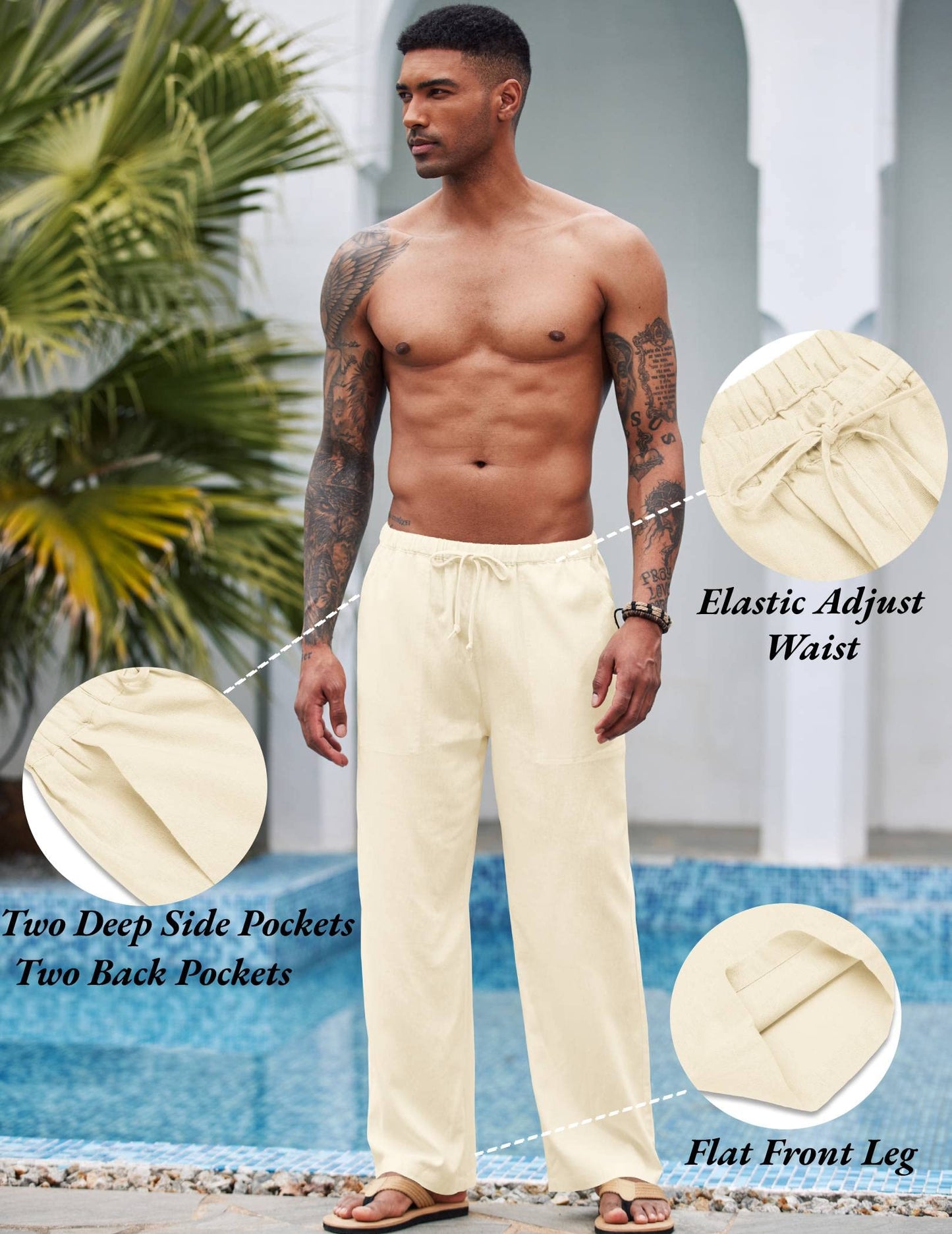 COOFANDY Mens Linen Drawstring Pants Elastic Waist Lightweight Trouser Casual Yoga Summer Beach Pant