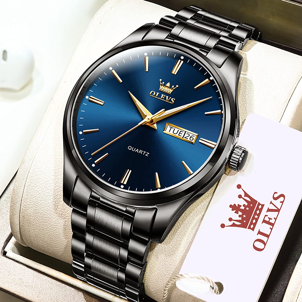 OLEVS Classic Men Watches with Date,Stainless Steel Man Watch with Date, Bussiness Watches for Men,Luminous Quartz Mens Watches Black/White/Blue/Gold, Waterproof Male Watch with Week