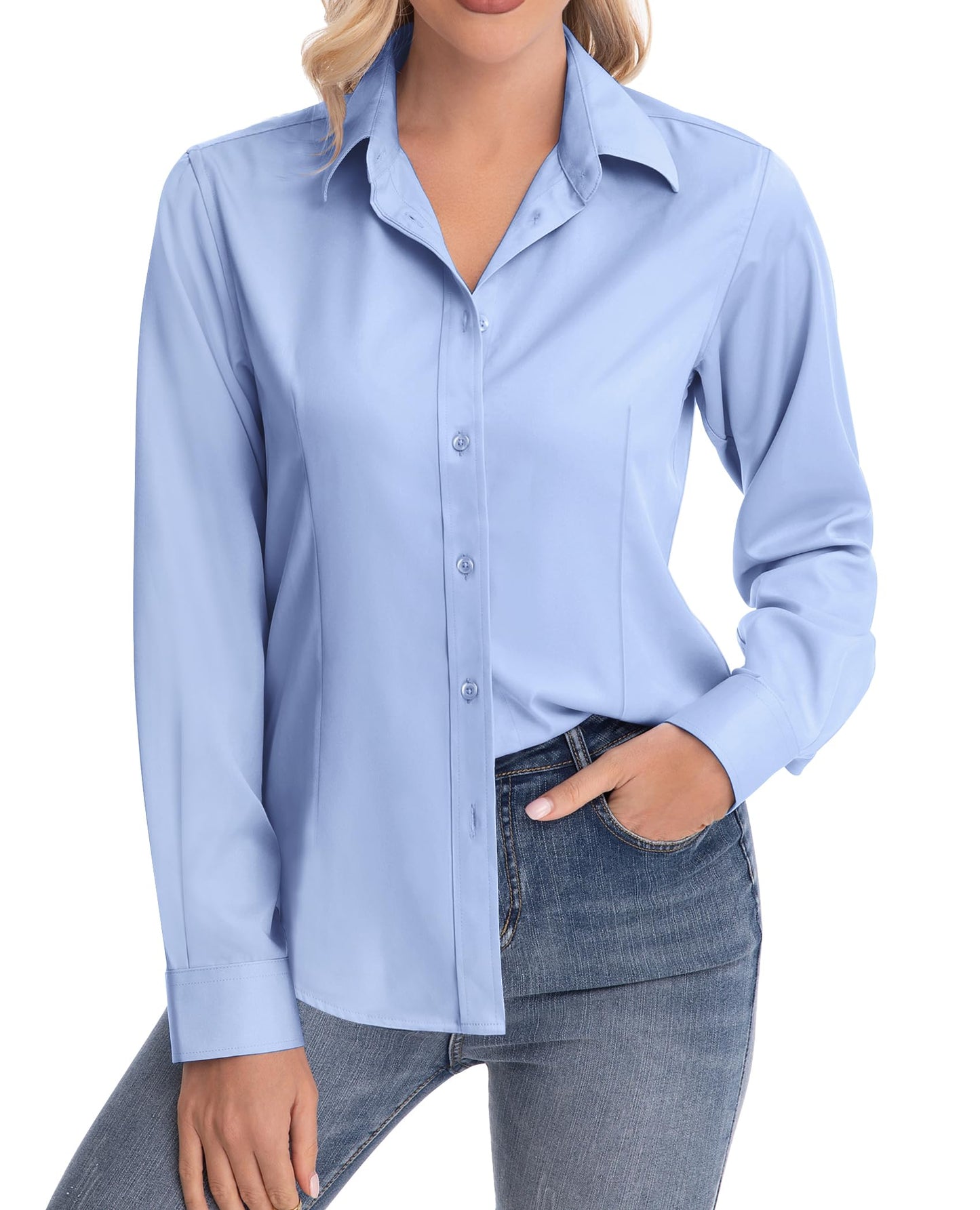 siliteelon Womens Classic-Fit Dress Shirts Long Sleeve Button Down Wrinkle-Free Stretch Solid Casual Work Office Blouse Top