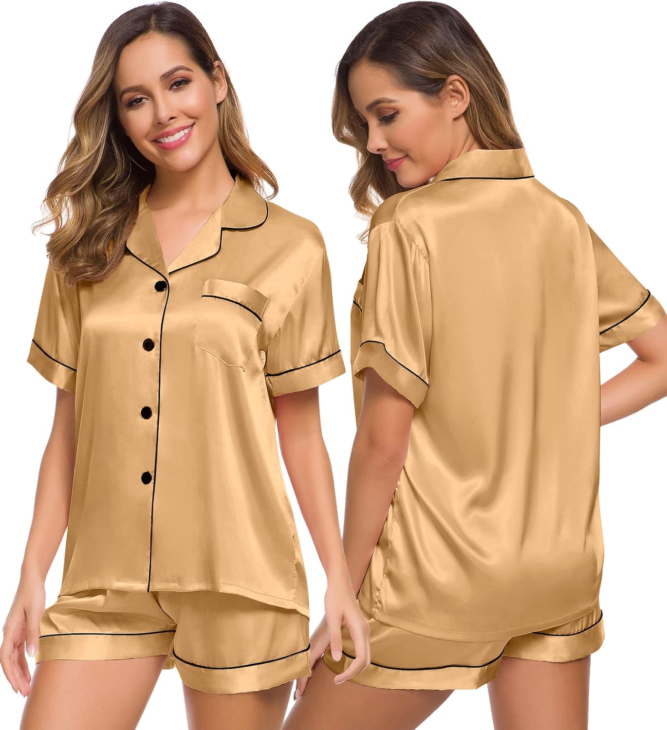 SWOMOG Womens Silk Satin Pajamas Set Two-piece Pj Sets Sleepwear Loungewear Button-Down Pj Sets