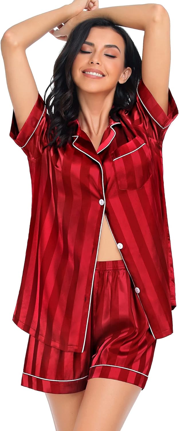 SWOMOG Satin Matching Pajamas Sets Couple Silk Button Down Nightwear Short Sleeve Sleepwear 2 Pieces Loungewear with Shorts