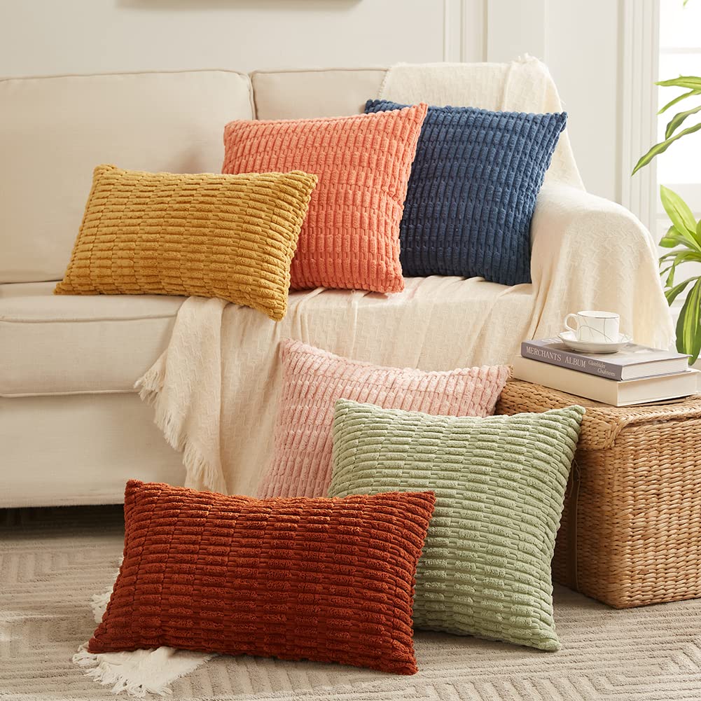 Fancy Homi 4 Packs Neutral Decorative Throw Pillow Covers 18x18 Inch for Living Room Couch Bed Sofa, Rustic Farmhouse Boho Home Decor, Soft Plush Striped Corduroy Square Cushion Case 45x45 cm