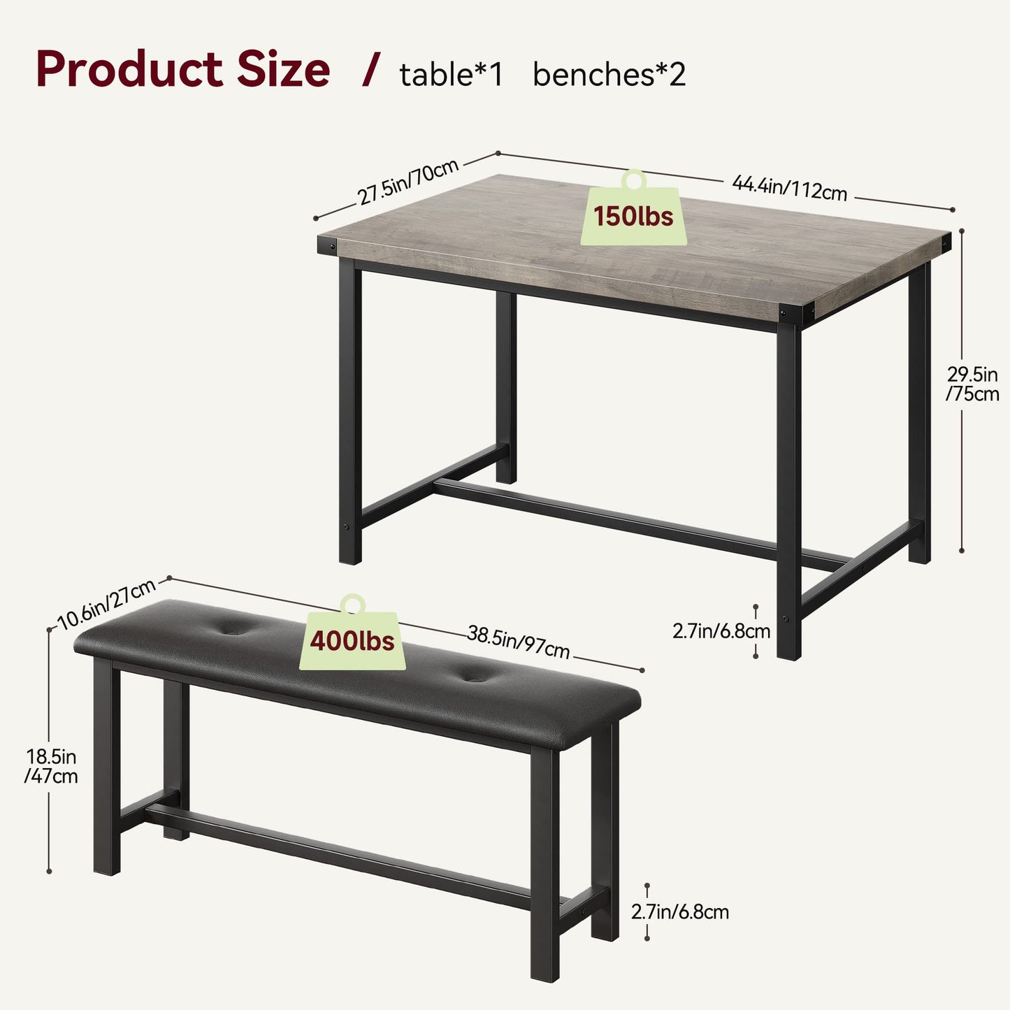 IDEALHOUSE Dining Table Set for 4, Kitchen Table with Upholstered Bench, Rectangular Dining Room Table Set with 2 Benches, 3 Piece Kitchen Table Set for Small Space, Apartment, Studio, Rustic Brown