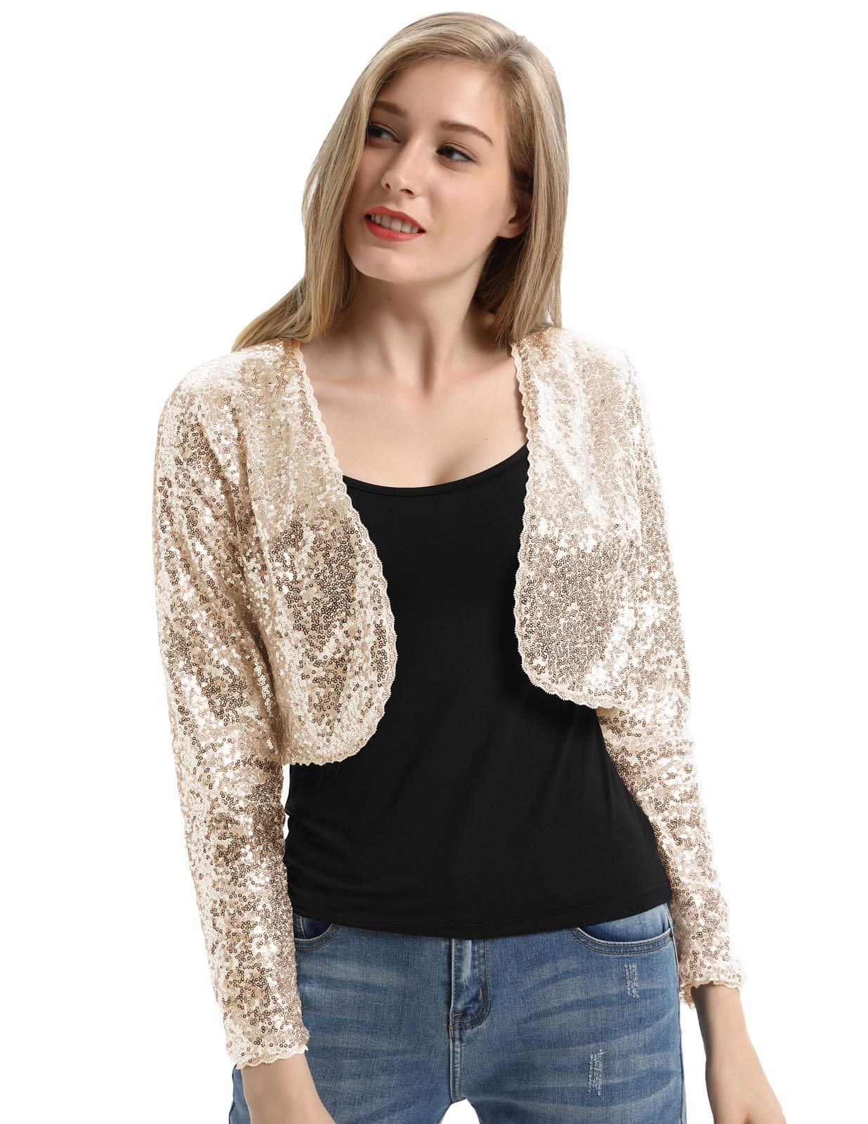 Belle Poque Women's Sequin Jacket Long Sleeve Open Front Glitter Cropped Blazer Bolero Shrug S-XXL