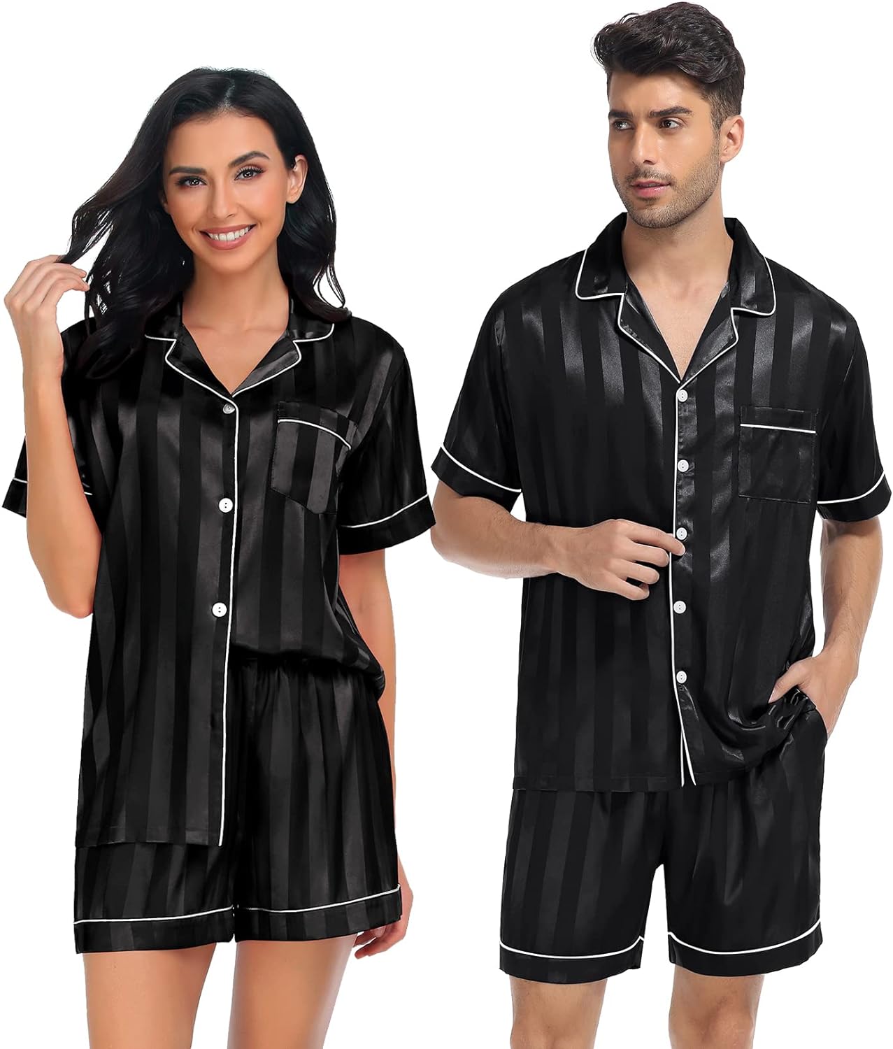 SWOMOG Satin Matching Pajamas Sets Couple Silk Button Down Nightwear Short Sleeve Sleepwear 2 Pieces Loungewear with Shorts