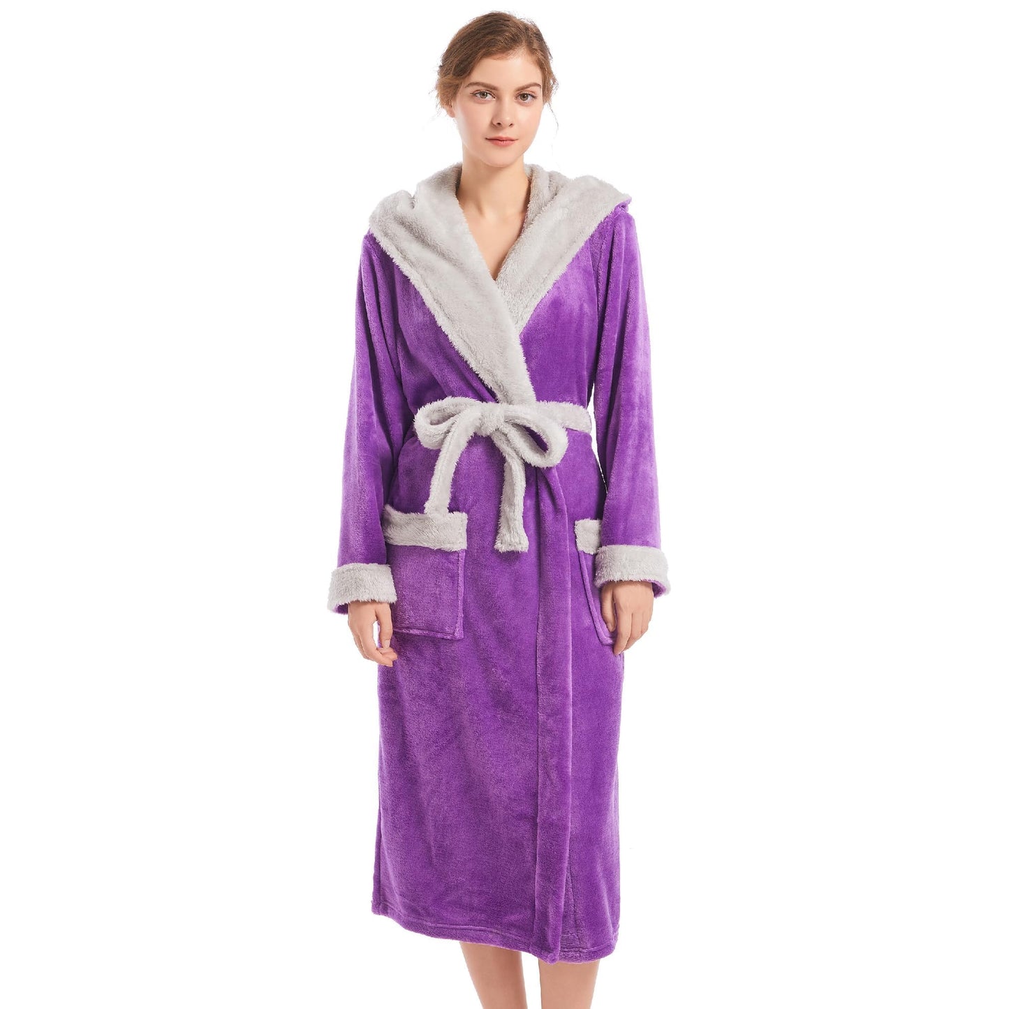 Inner Wish Women Hooded Plush Robe, Fleece Cozy Warm Bathrobe