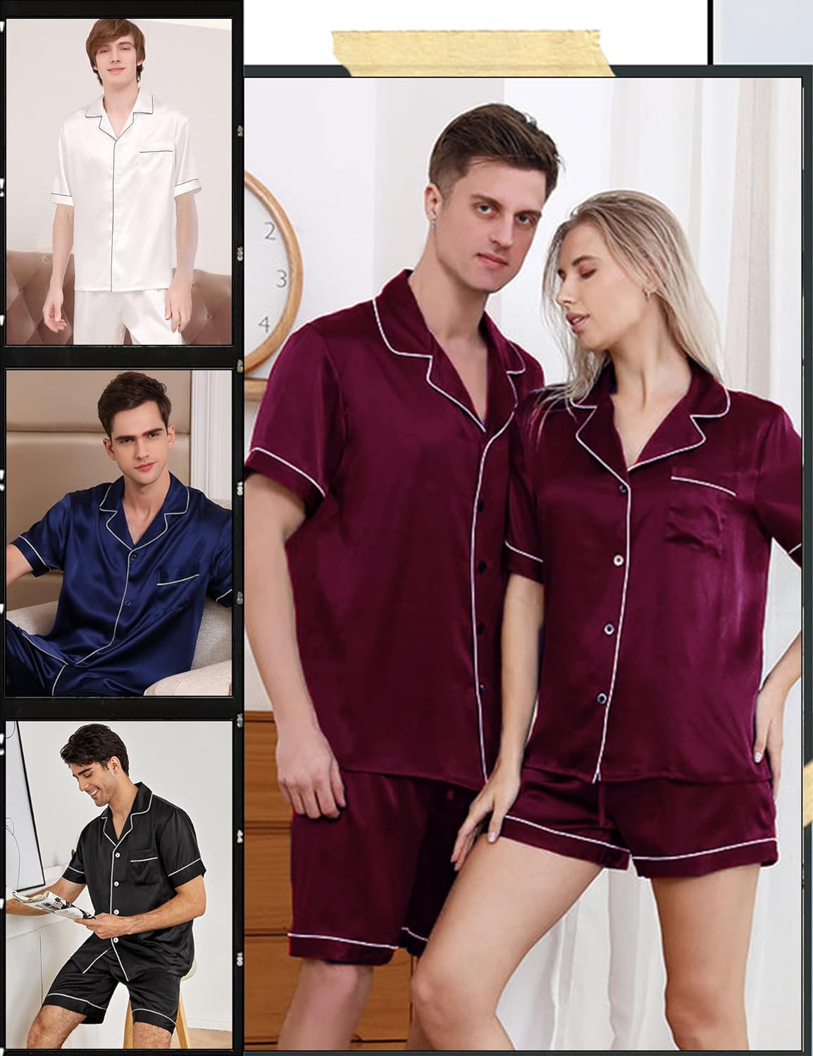 SWOMOG Satin Matching Pajamas Sets Couple Silk Button Down Nightwear Short Sleeve Sleepwear 2 Pieces Loungewear with Shorts