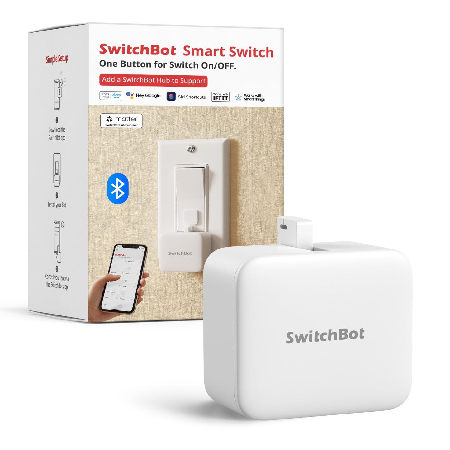 SwitchBot Smart Switch Button Pusher - Bluetooth Fingerbot for Rocker Switch/One-Way Button, Automatic Light Switch, Timer and APP Control, Works with Alexa When Paired with SwitchBot Hub (White)