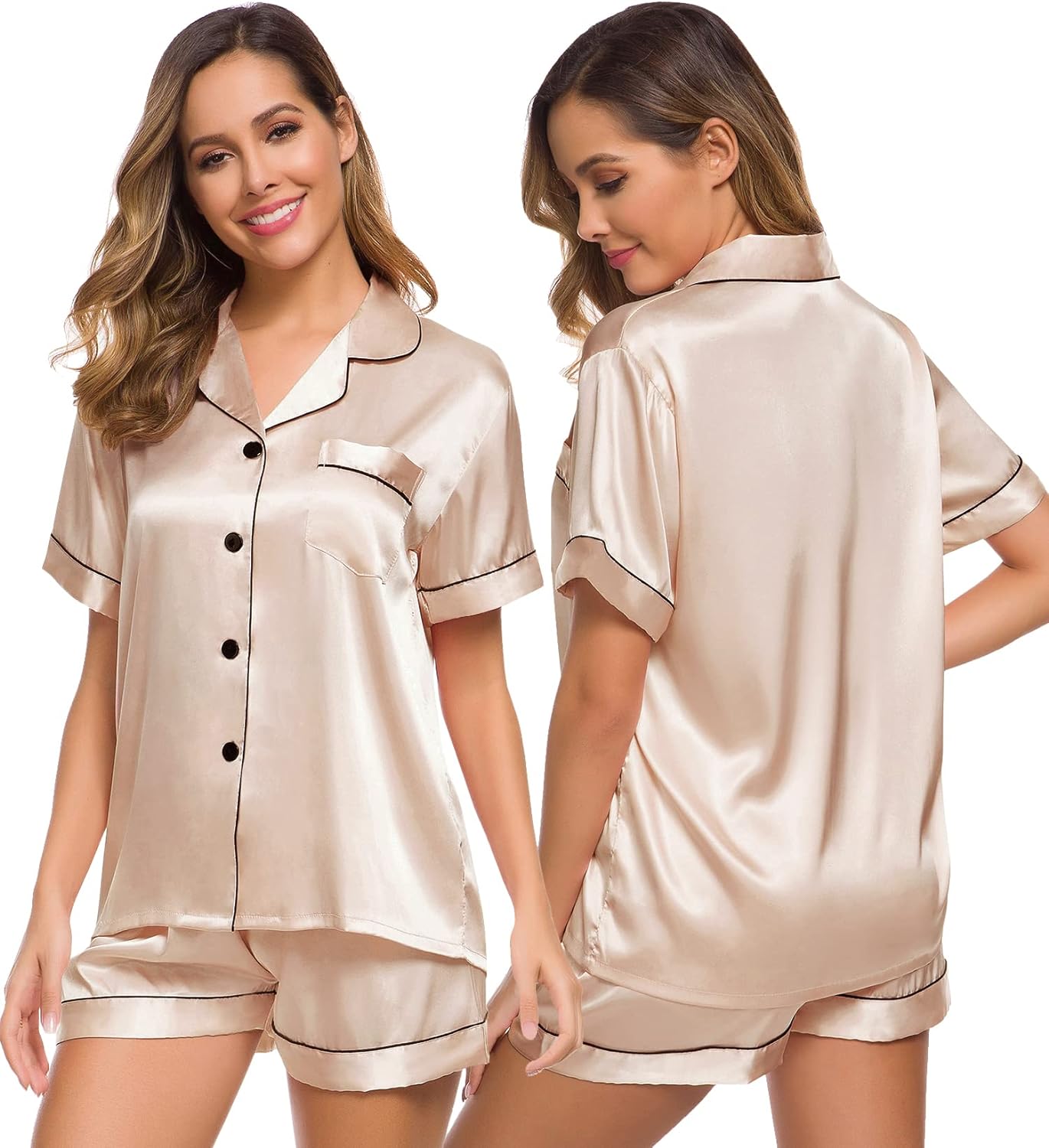 SWOMOG Womens Silk Satin Pajamas Set Two-piece Pj Sets Sleepwear Loungewear Button-Down Pj Sets