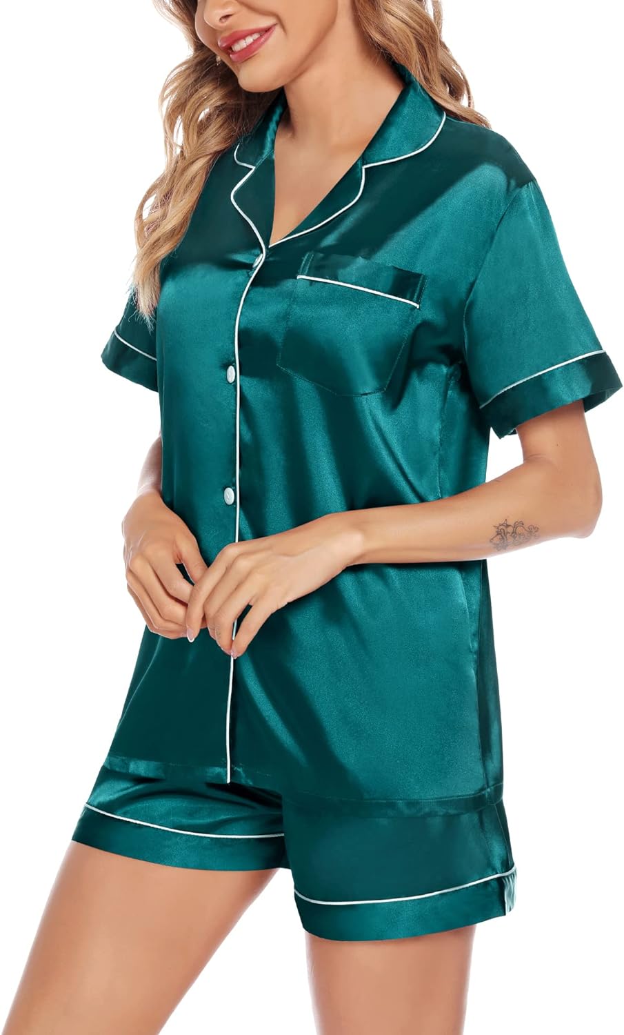 SWOMOG Satin Matching Pajamas Sets Couple Silk Button Down Nightwear Short Sleeve Sleepwear 2 Pieces Loungewear with Shorts