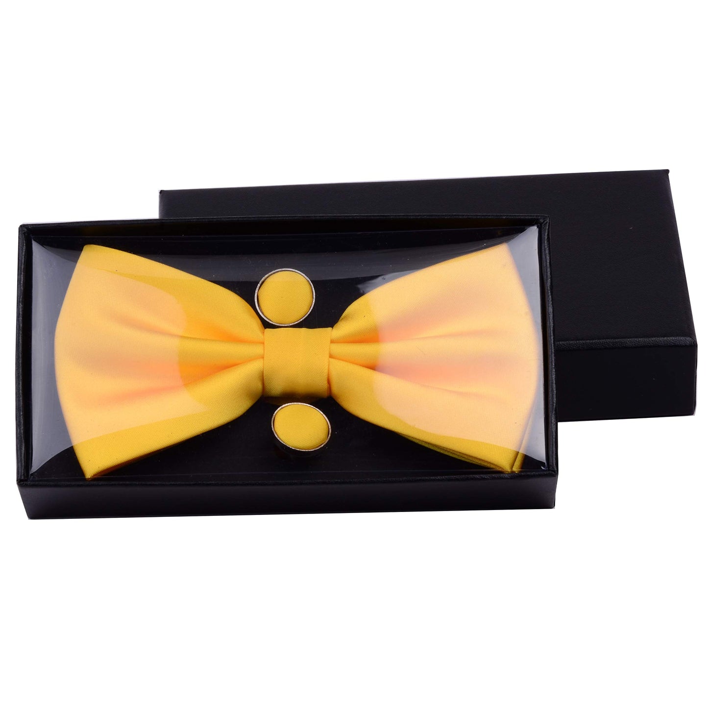 GUSLESON Mens Solid Color Double Fold Pre-tied Bow Tie and Pocket Square Cufflink Set with Gift Box