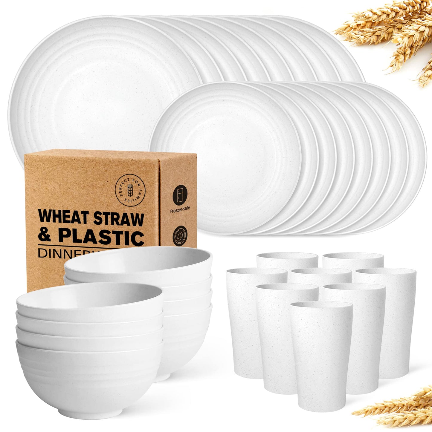 Teivio 32-Piece Kitchen Plastic Wheat Straw Dinnerware Set, Service for 8, Dinner Plates, Dessert Plate, Cereal Bowls, Cups, Unbreakable Colorful Plastic Outdoor Camping Dishes, Black