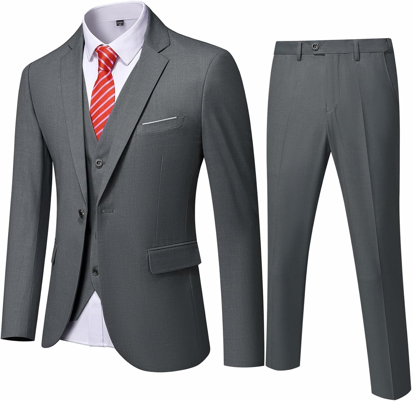 YND Men's Slim Fit 3 Piece Suit, One Button Solid Jacket Vest Pants Set with Tie