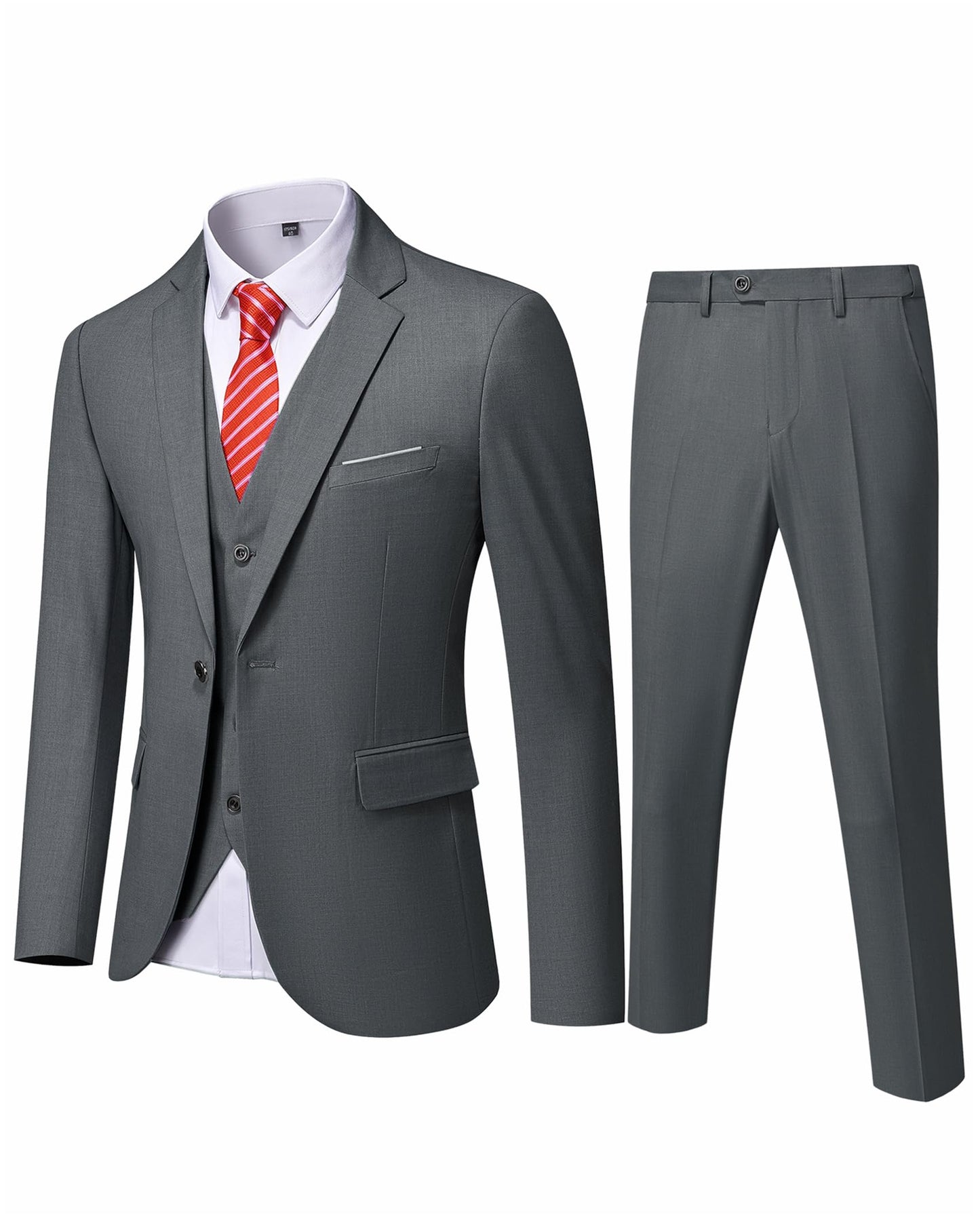 YND Men's Slim Fit 3 Piece Suit, One Button Solid Jacket Vest Pants Set with Tie