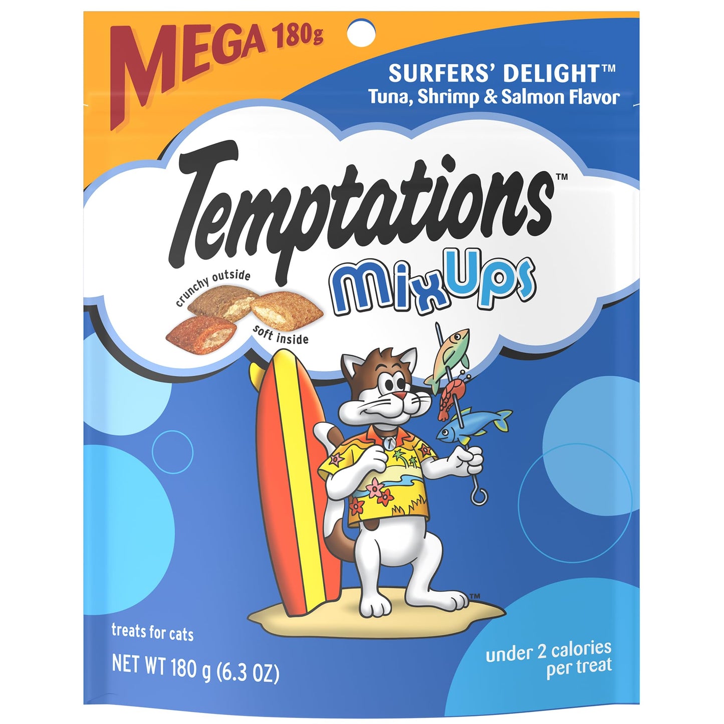 TEMPTATIONS MixUps Crunchy and Soft Cat Treats, Surfer's Delight Flavor, 30 oz. Tub