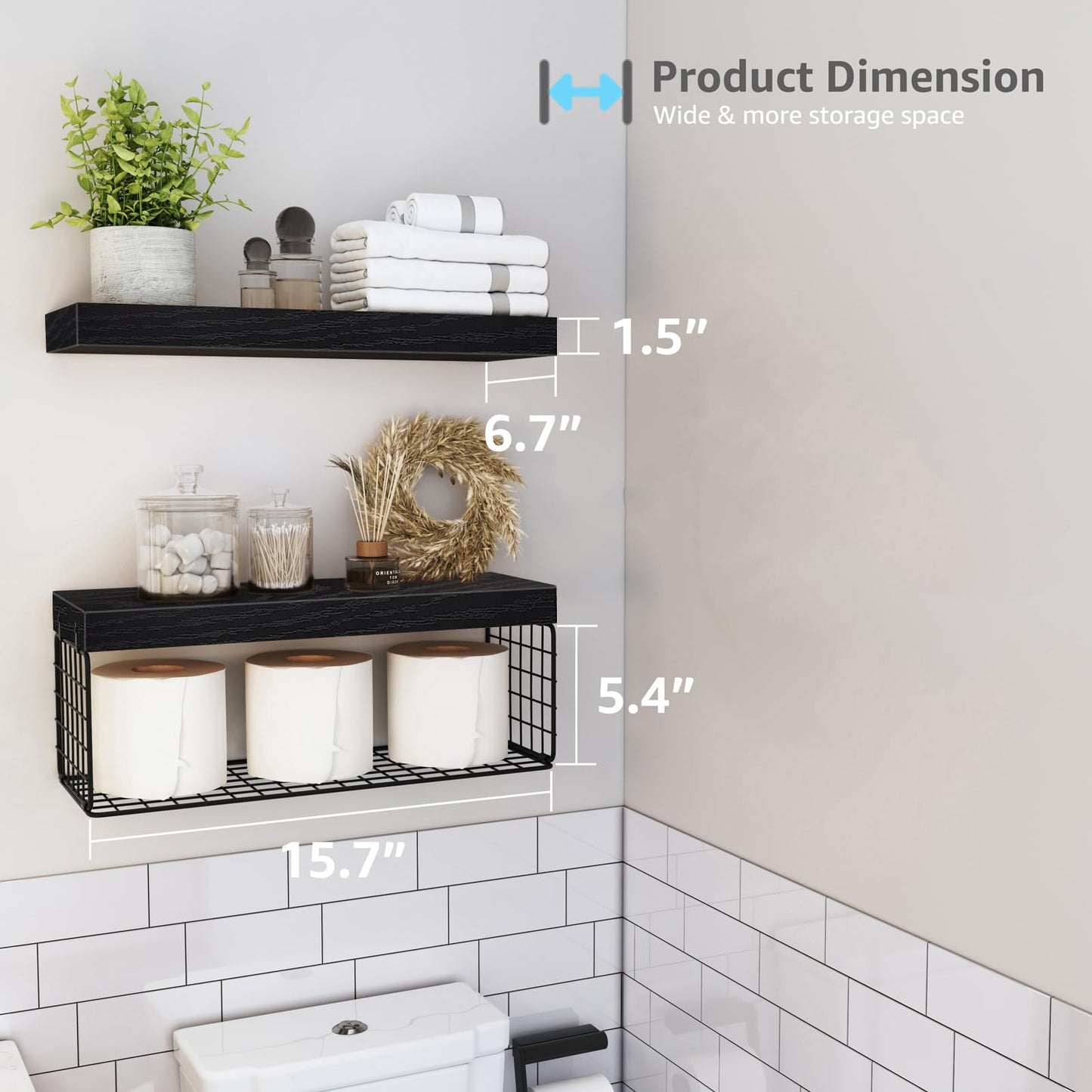 QEEIG Bathroom Shelves Over Toilet Wall Mounted Floating Shelves Farmhouse Shelf Toilet Paper Holder Small 16 inch Set of 3, Rustic Brown (019-BN3)