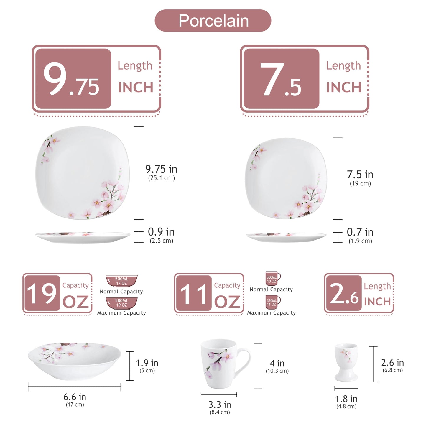 VEWEET, Series Annie, Porcelain Dinnerware Sets for 6, White Dish Set with Pink Floral, 30 PCS Dinner Sets Including Dinner Plates, Dessert Plates, Soup Plates Set, Cups & Saucers