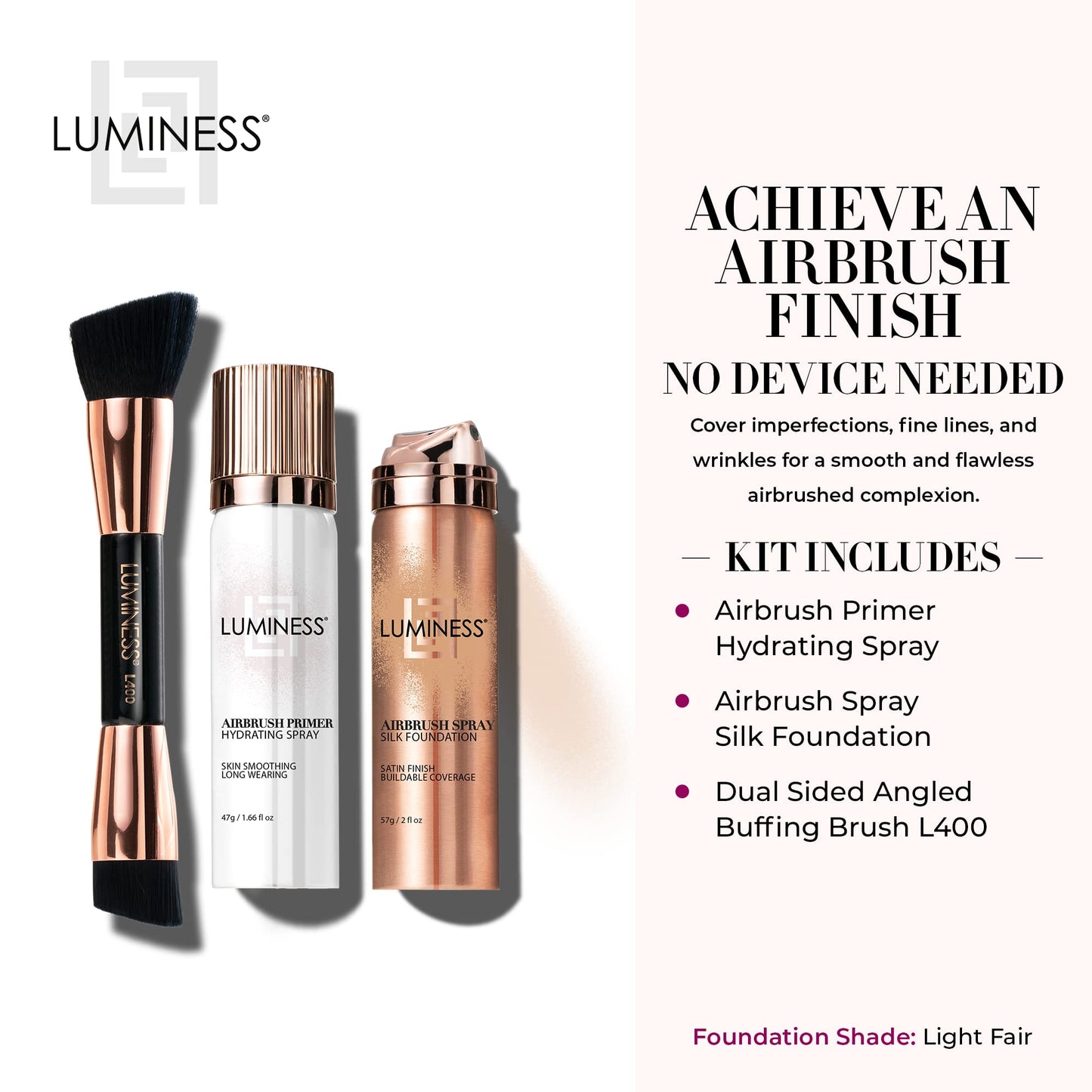 LUMINESS Airbrush Spray Silk Foundation Starter Kit - Medium Dark - Foundation, Primer & Dual-Sided Angled Buffing Brush - Medium, Buildable Coverage, Anti-Aging Formula Hydrates & Moisturizes