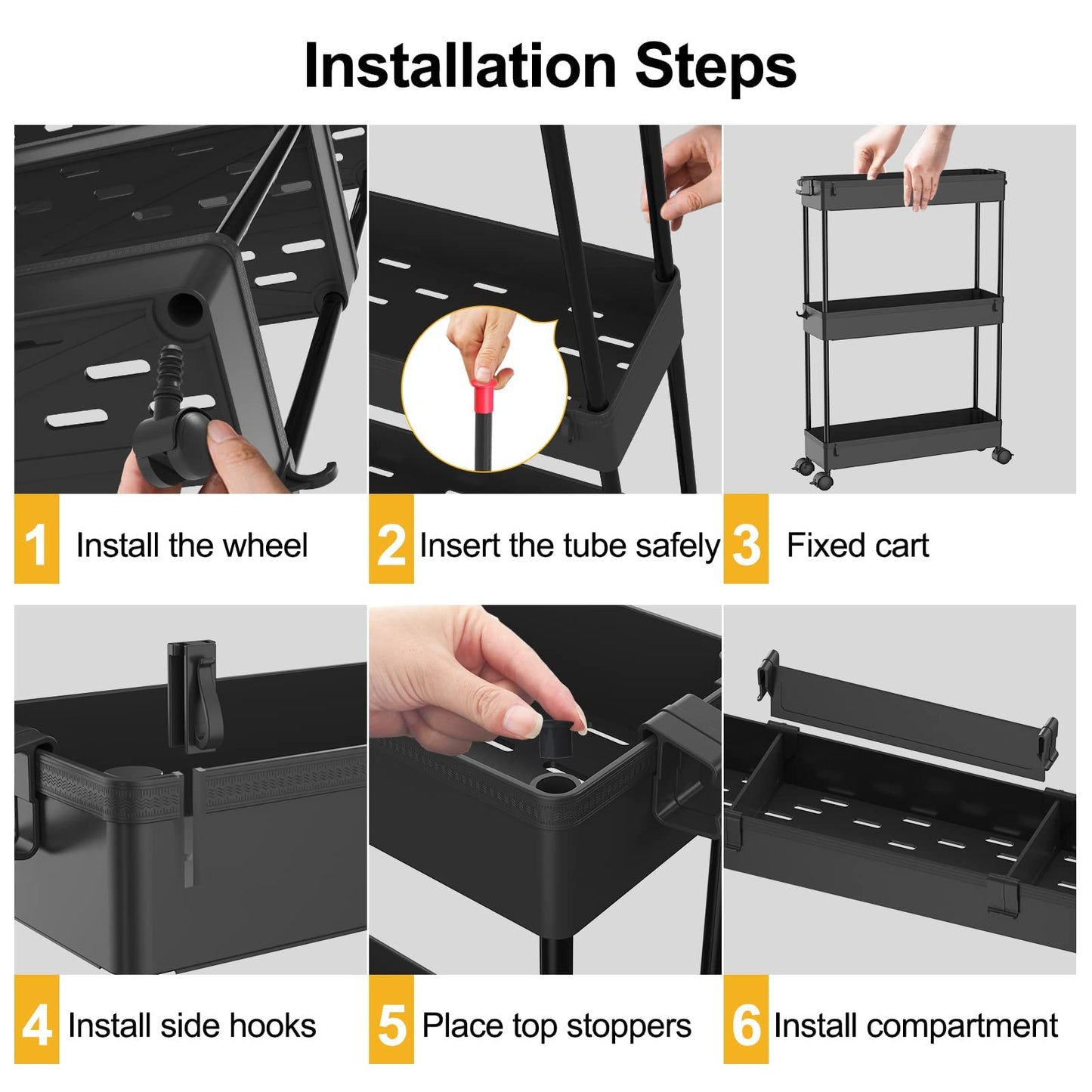 SPACELEAD Slim Storage Cart 4 Tier, Storage Organizer Rolling Utility/ Mobile Shelving Unit Slide Out Storage Cart for Office, Bathroom, Kitchen, Laundry Room & Narrow Places， Black