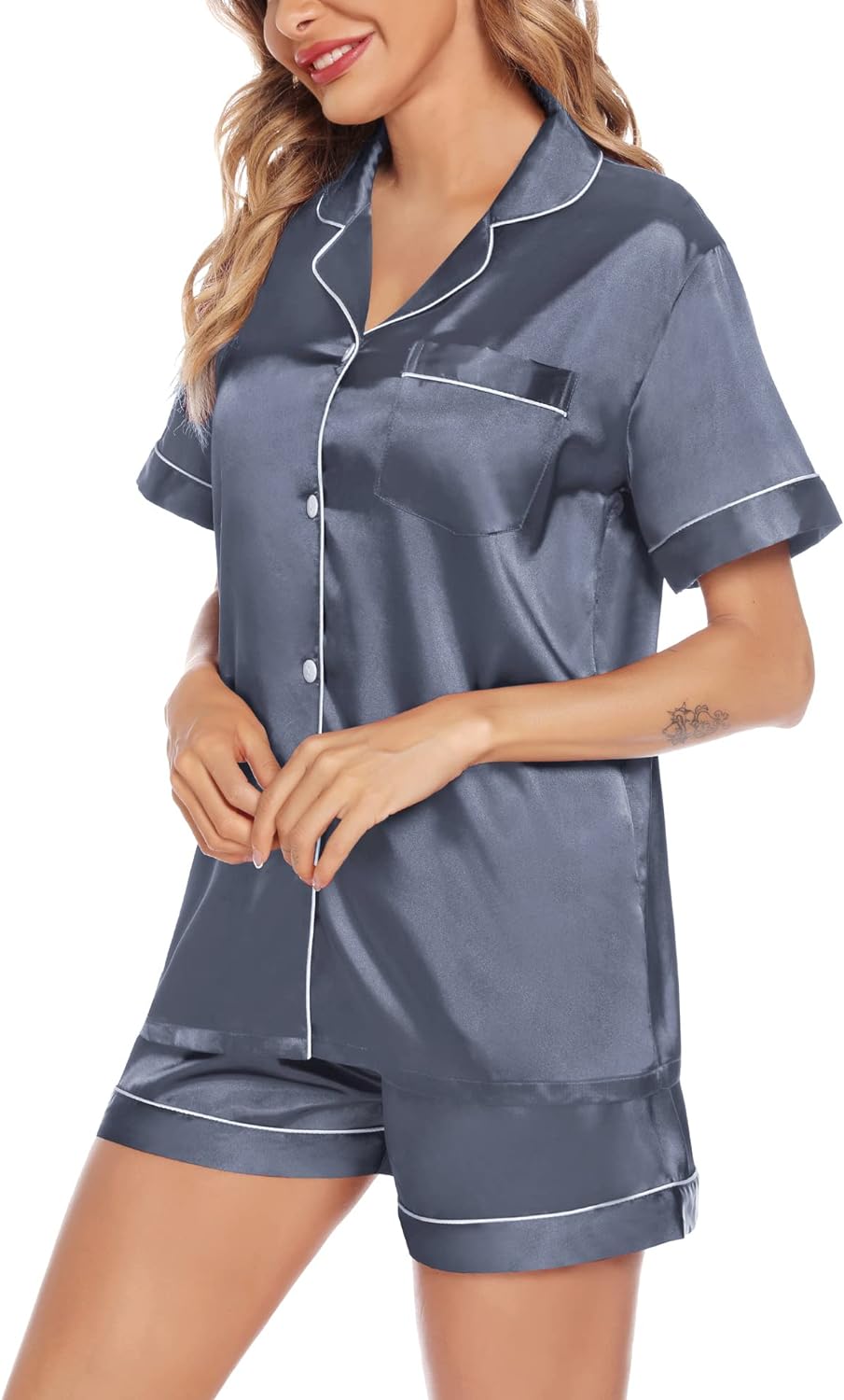 SWOMOG Satin Matching Pajamas Sets Couple Silk Button Down Nightwear Short Sleeve Sleepwear 2 Pieces Loungewear with Shorts