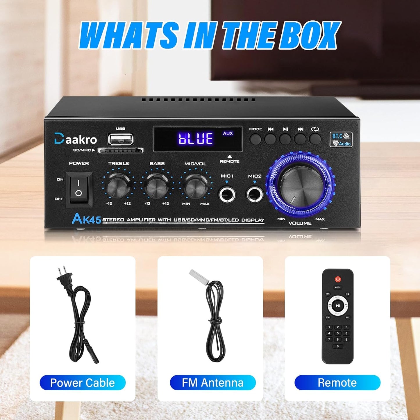 AK45 Stereo Audio Amplifier,300W Home 2 Channel Wireless Bluetooth 5.0 Power Amplifier System, Home Amplifiers FM Radio, USB, SD Card, with Remote Control Home Theater Audio Stereo System