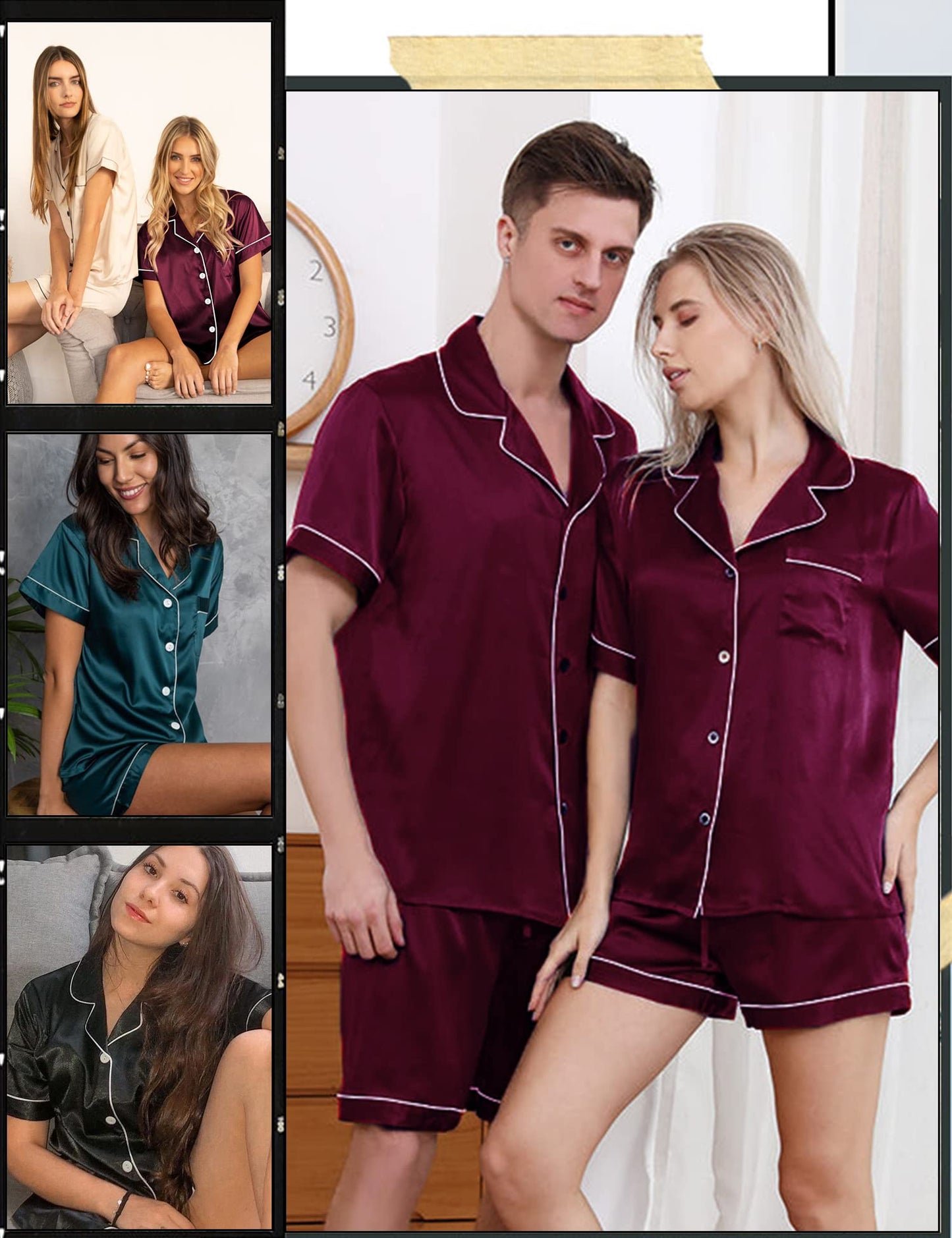 SWOMOG Satin Matching Pajamas Sets Couple Silk Button Down Nightwear Short Sleeve Sleepwear 2 Pieces Loungewear with Shorts