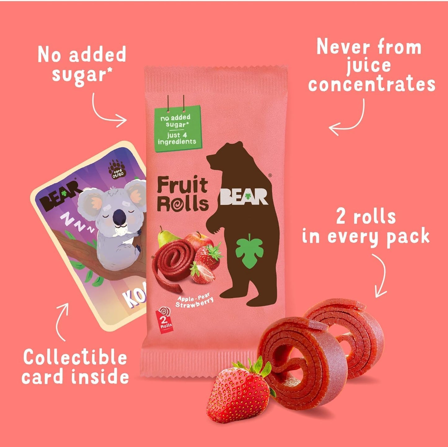 BEAR Real Fruit Snack Rolls - Gluten Free, Vegan, and Non-GMO - Strawberry – Healthy School And Lunch Snacks For Kids And Adults, 0.7 Ounce (Pack of 12)