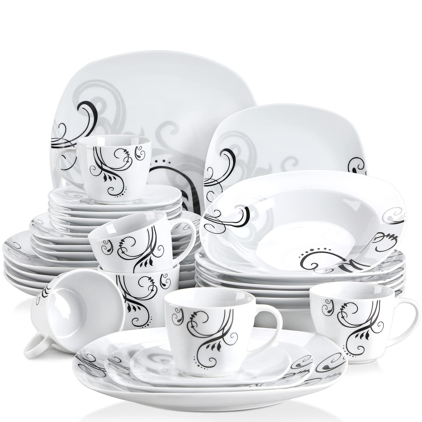 VEWEET, Series Annie, Porcelain Dinnerware Sets for 6, White Dish Set with Pink Floral, 30 PCS Dinner Sets Including Dinner Plates, Dessert Plates, Soup Plates Set, Cups & Saucers